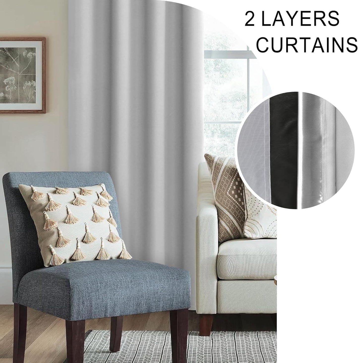 XWZO Full Shading Blackout Curtains 84 Inches Length with Tiebacks- Heat and Light Blocking Rod Pocket Window Drapes with Black Liner for Bedroom/Kid's Room, Light Grey, W70 x L84, Set of 2 Panels
