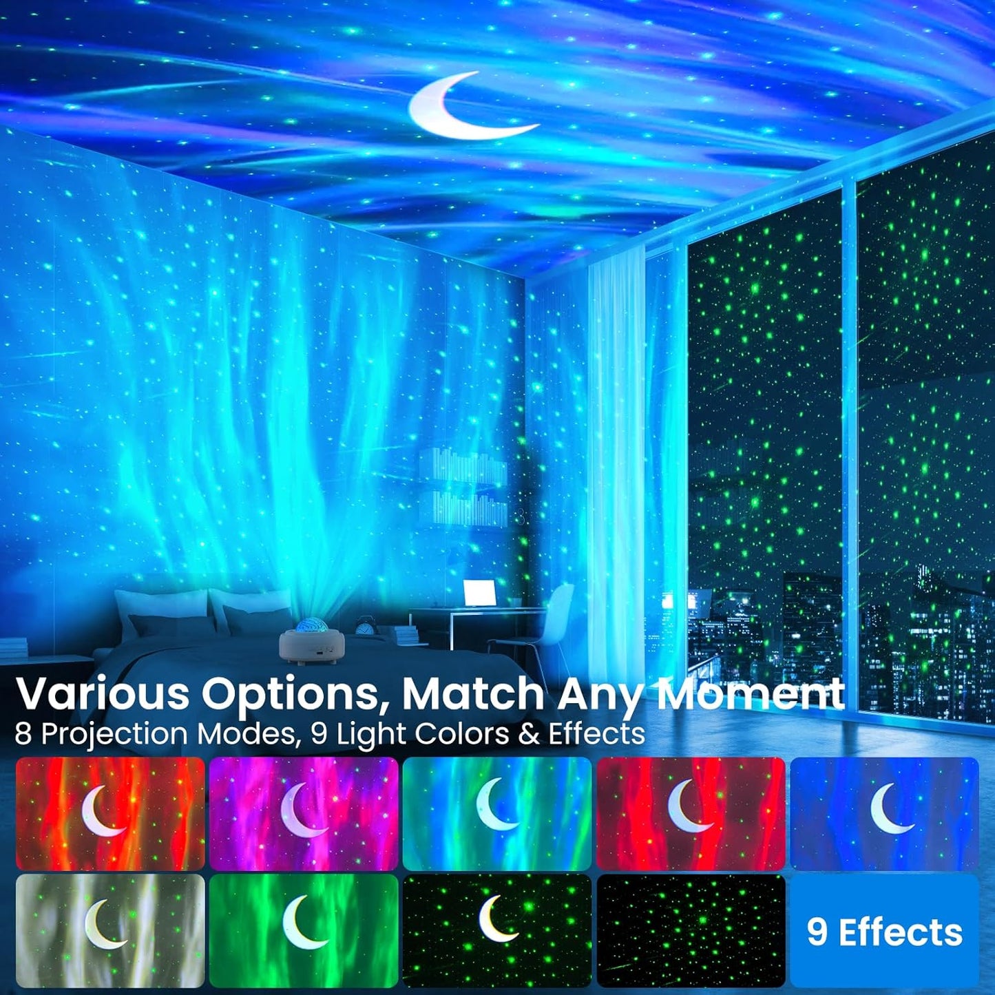 Galaxy Projector with Bluetooth Speaker, Night Light Star Projector for Bedroom, 8 Modes Northern Lights Aurora Projector with Moon, Mood Ambient Lighting for Kids Adults Room, Cord Powered