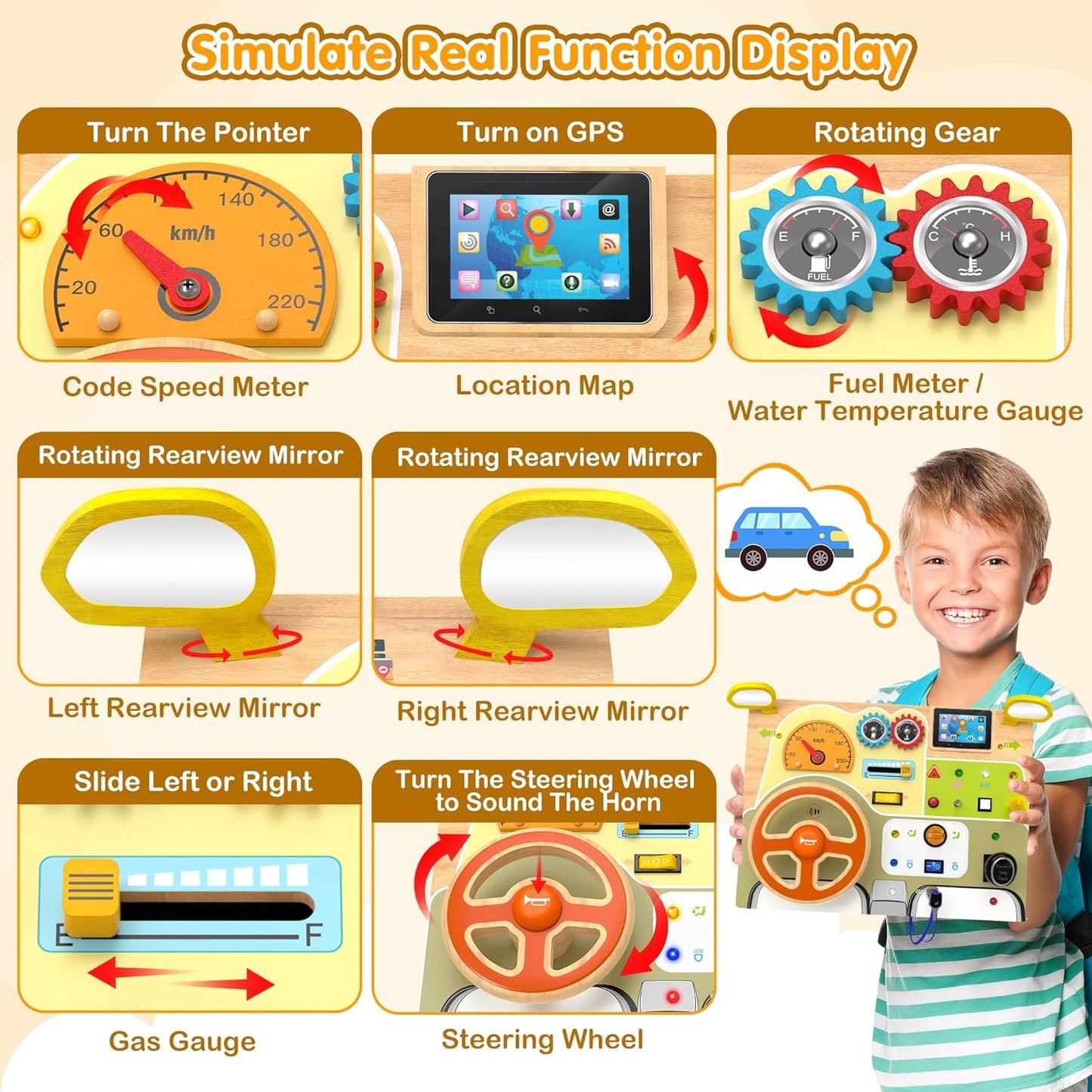 Montessori Toddler Toys - Baby Wooden Busy Board - Sensory Toys with Light Switch - Travel Toys for Educational Toddler Activities for Toddlers 1 2 3 4+ Year Old