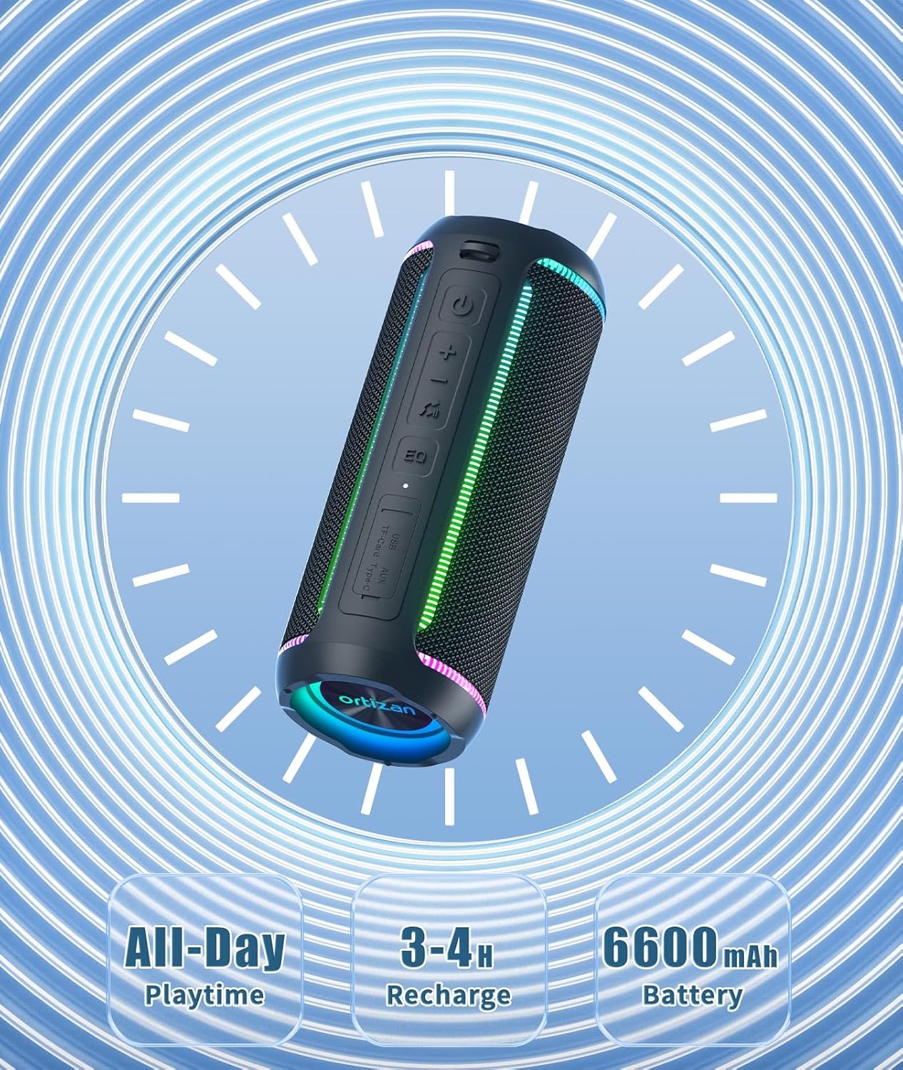Ortizan Portable Bluetooth Speaker, 40W Loud Sound and Deep Bass, IPX7 Waterproof, True Wireless Stereo, Bluetooth 5.3, Colorful Flashing Lights, Preset EQ, USB Play, for Home, Outdoor, Party, Black