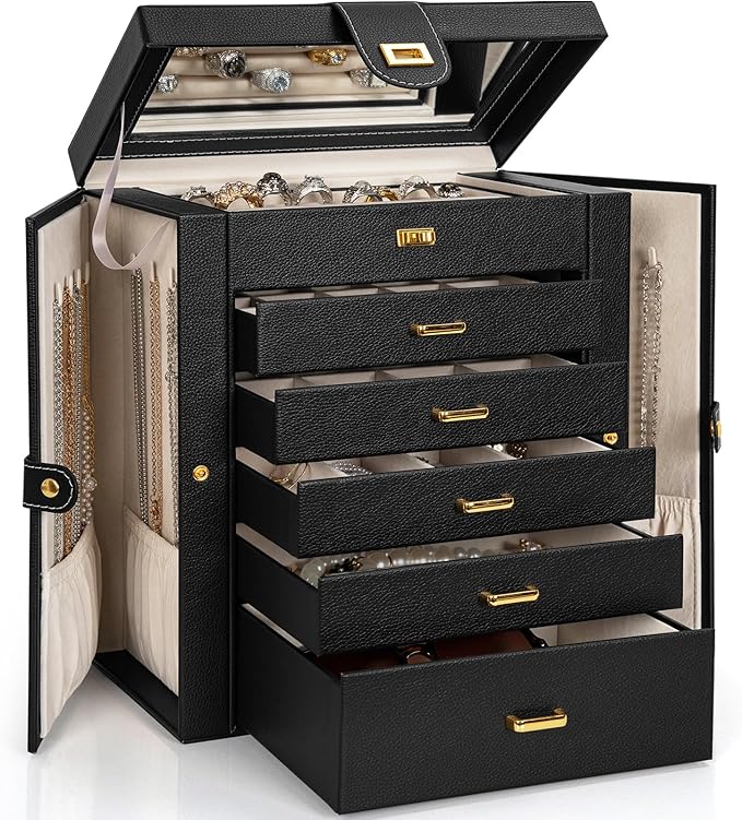 AKOZLIN Large Jewelry Box Organizer Functional Lockable with Big Mirror, Leather Jewelry Storage Case for Women Girls Ring Necklace Earring Bracelet Holder Organizer