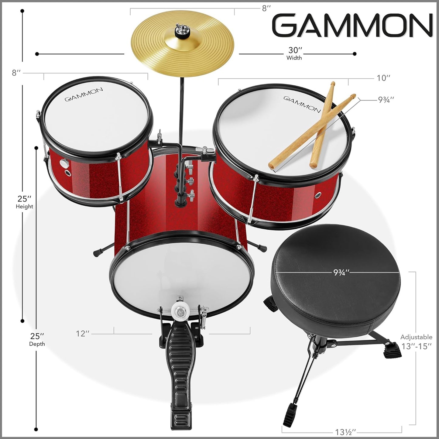 Gammon 3-Piece Junior Drum Set with Throne - Red, Complete Beginner Kit with Bass Drum, Toms, Cymbal, Pedal, and Drumsticks