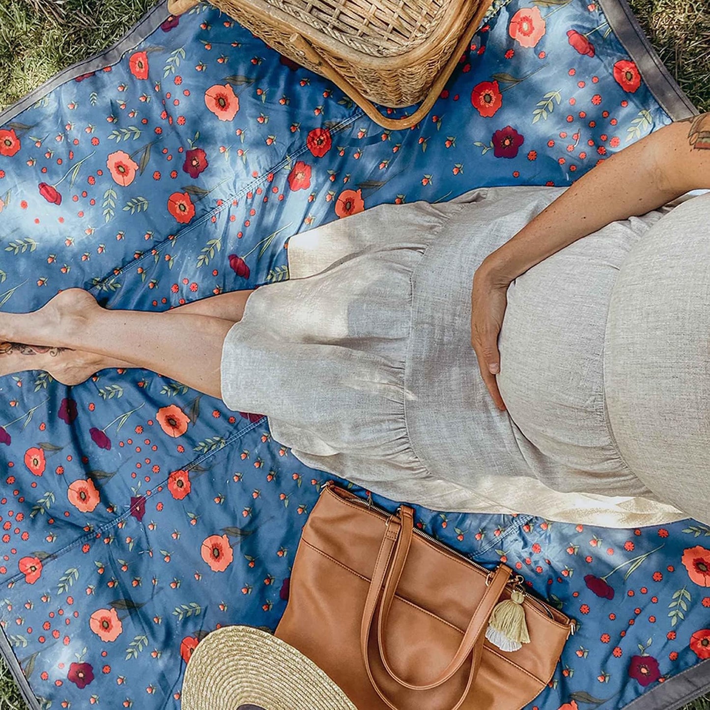 Little Unicorn 5'x7' Outdoor Family Picnic & Beach Blanket | Durable & Water-Resistant Fabric | Compact Fold & Easily Wipes Clean | Zipper Pocket (Midnight Poppy)