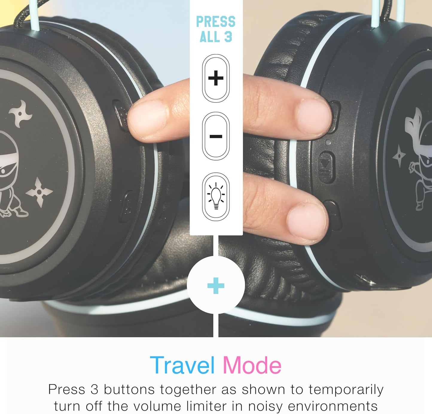 MEE audio KidJamz KJ55BT Personalized Bluetooth Wireless Safe Listening Headphones for Kids w/Custom LED-Backlit Design, Volume Limiter, Microphone; Kids Headset for School/iPhone/iPad/Tablet (Black)