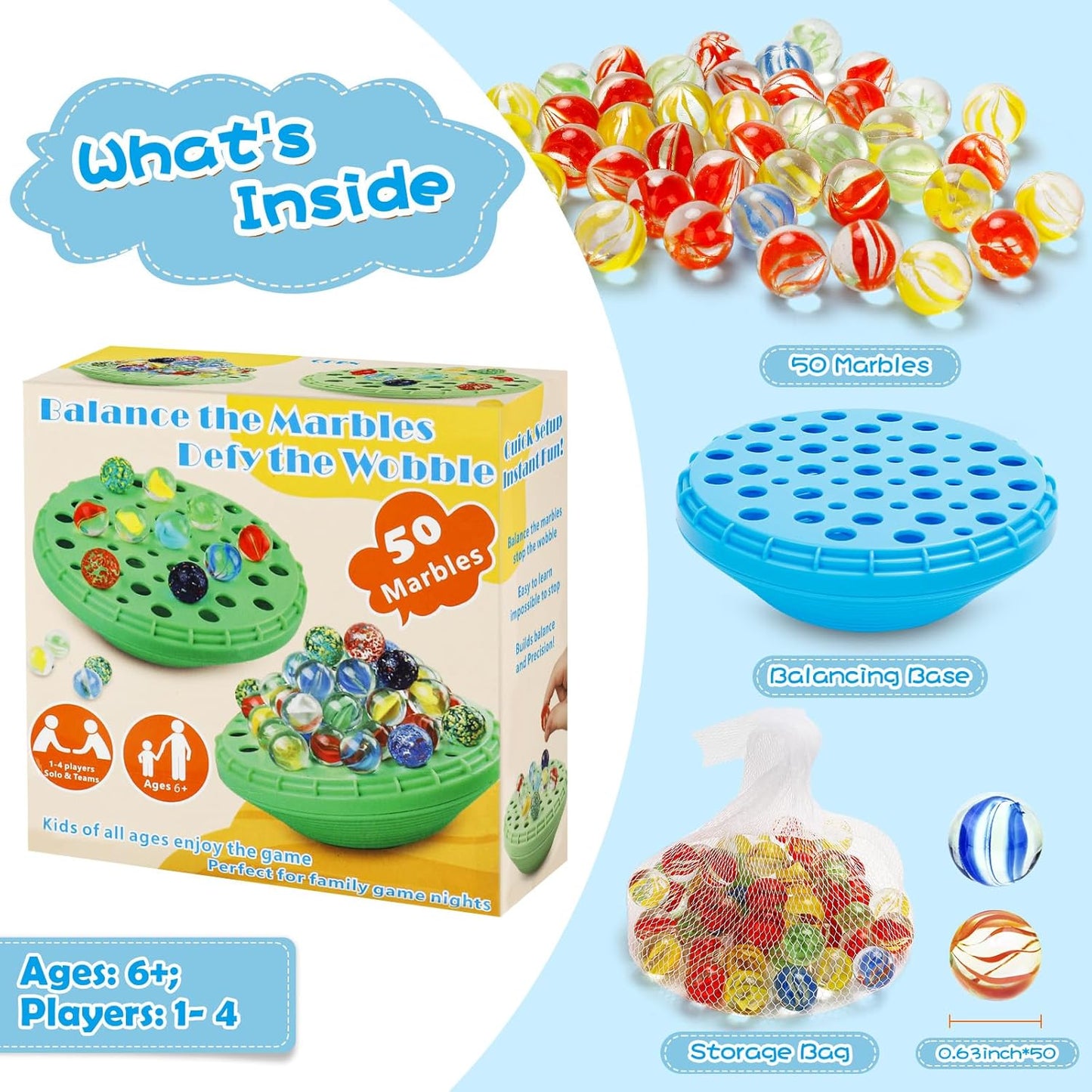 Marble Balance Game - 50 Colorful Marbles with Built-in Storage, Fun Family Challenge for 1-4 Players, Educational Toy for Kids & Adults, Perfect for Parties, Travel & Birthday Gifts (Blue)