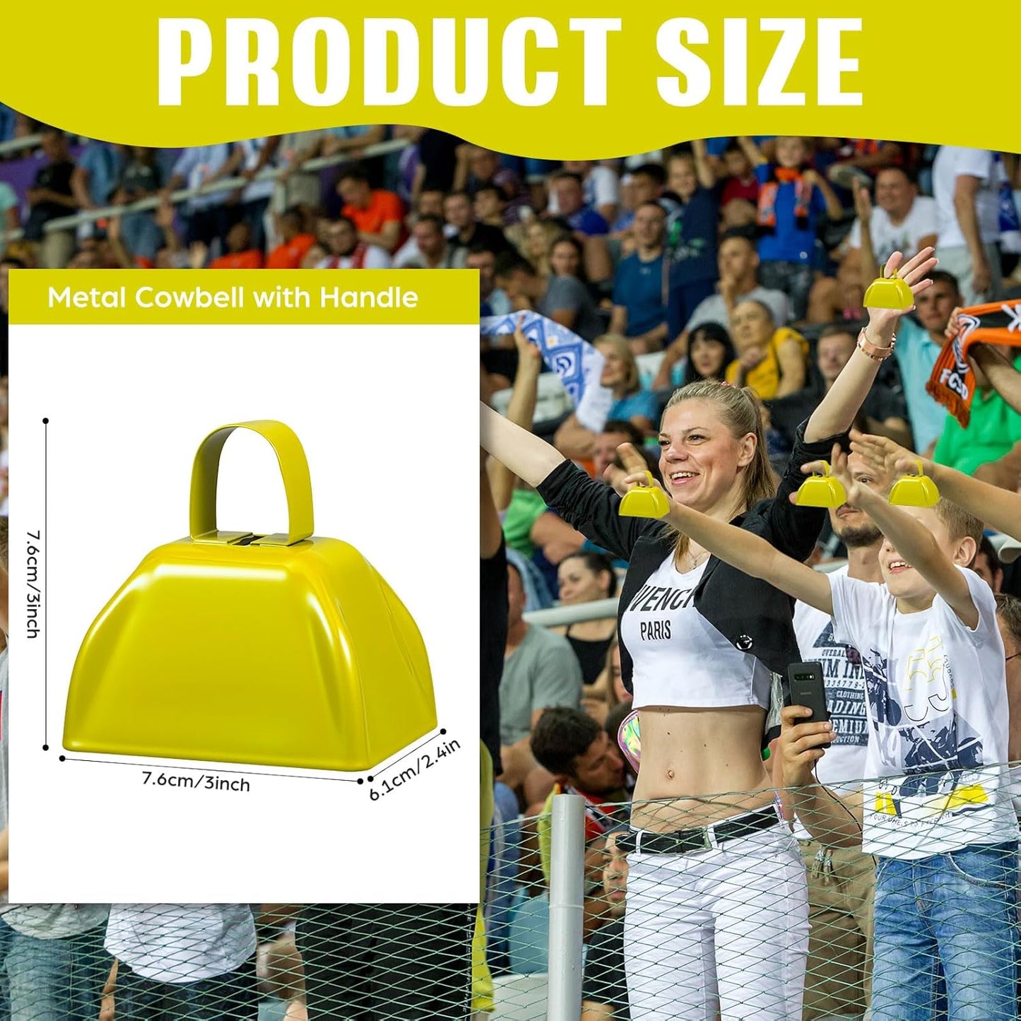 6 Pcs 3 Inch Metal Cowbells Noise Maker Hand Percussion Cow Bells with Handles for Sporting Events Cheering Noisemakers Weddings Team Spirit Sports Party Favors (Yellow)