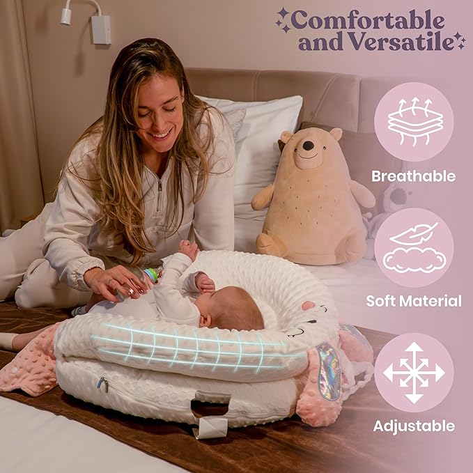 Infant Support Pillow with Adjustable Side Panels - Portable Cushion with Milestone Circles for 0-12 Months - Pink
