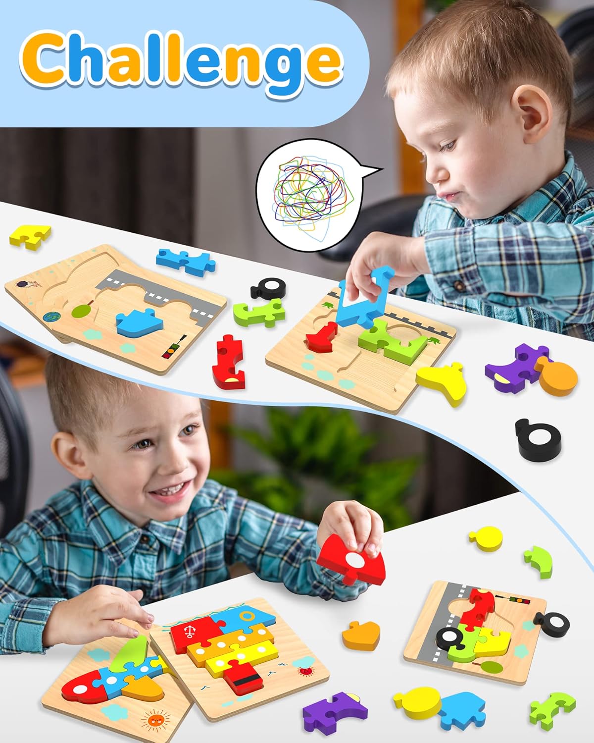Yetonamr Wooden Toddler Puzzles Gifts Toys for 1 2 3 Years Old Boys Girls, 4 Vehicle Shape Montessori Toy Educational Blocks Kids Toys Gift Baby Learning Toy Age 1-3, 2-4