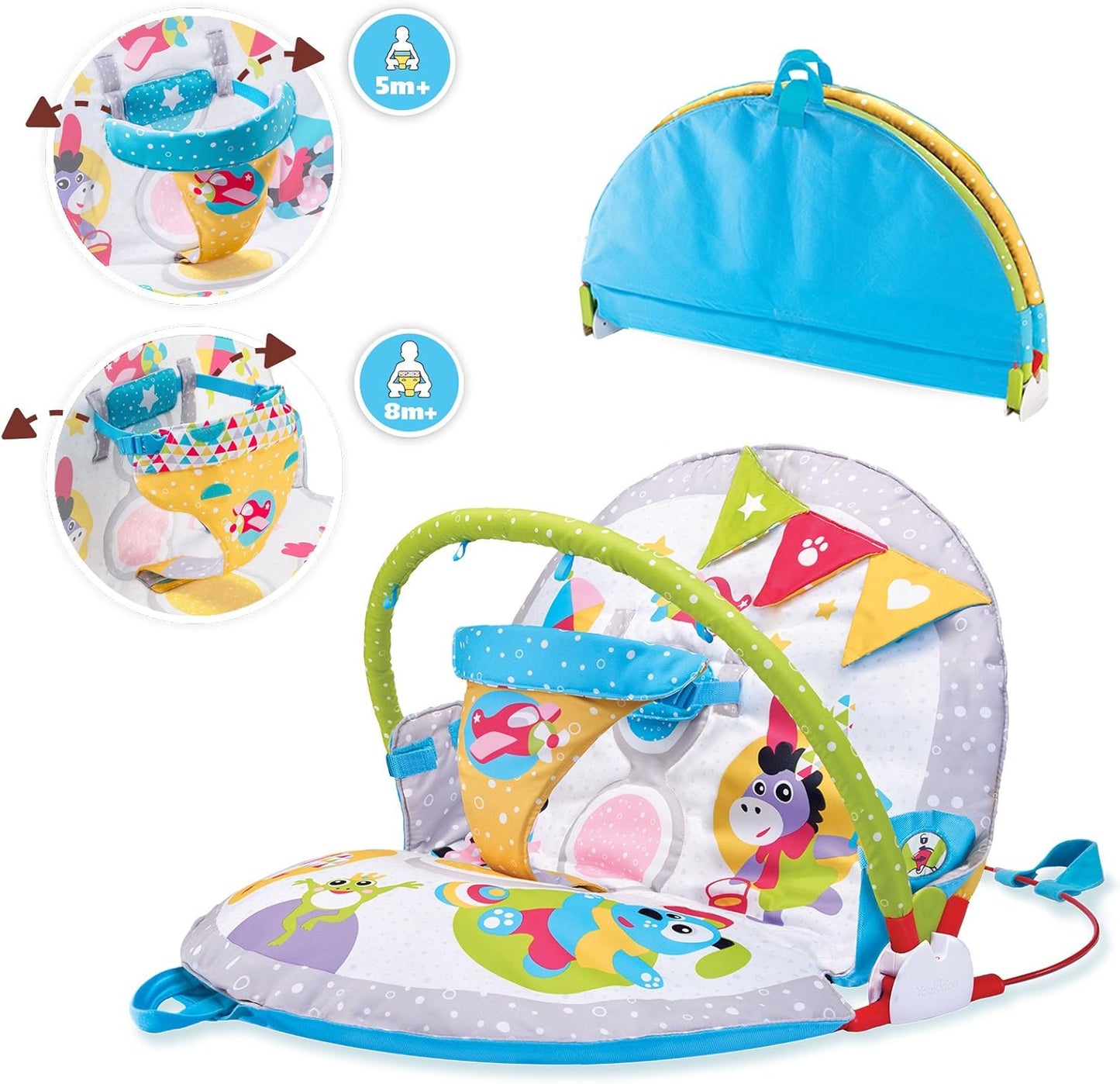 Yookidoo Baby Gym Lay to Sit-Up Playmat. 3-in-1 Newborns Activity Center with Tummy Time Toys, Pillow & Infant Miror. 0-12 Month