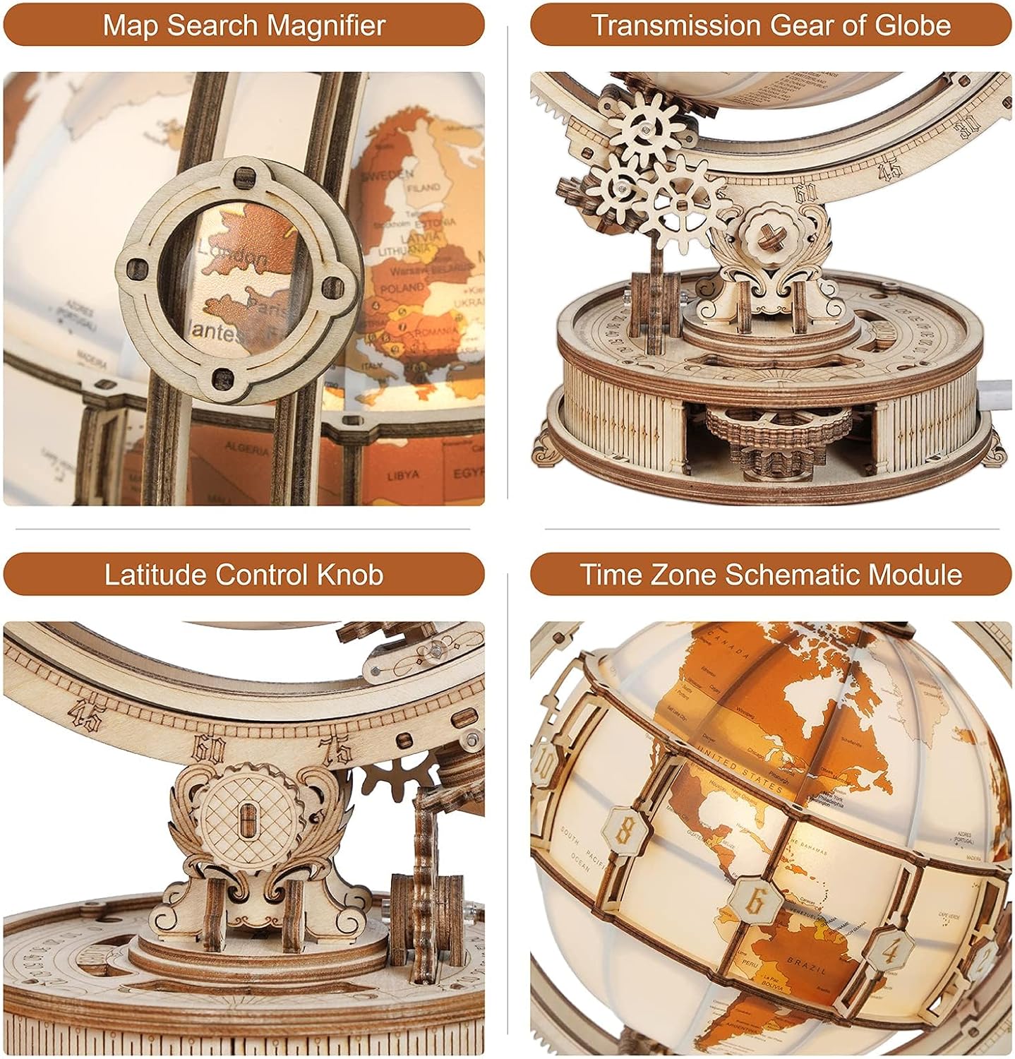 ROKR 3D Wooden Puzzles for Adults Illuminated Globe with Stand 180pcs 3D Puzzles Built-in LED Model Kit Hobby Gifts for Adults/Teens Home Decor