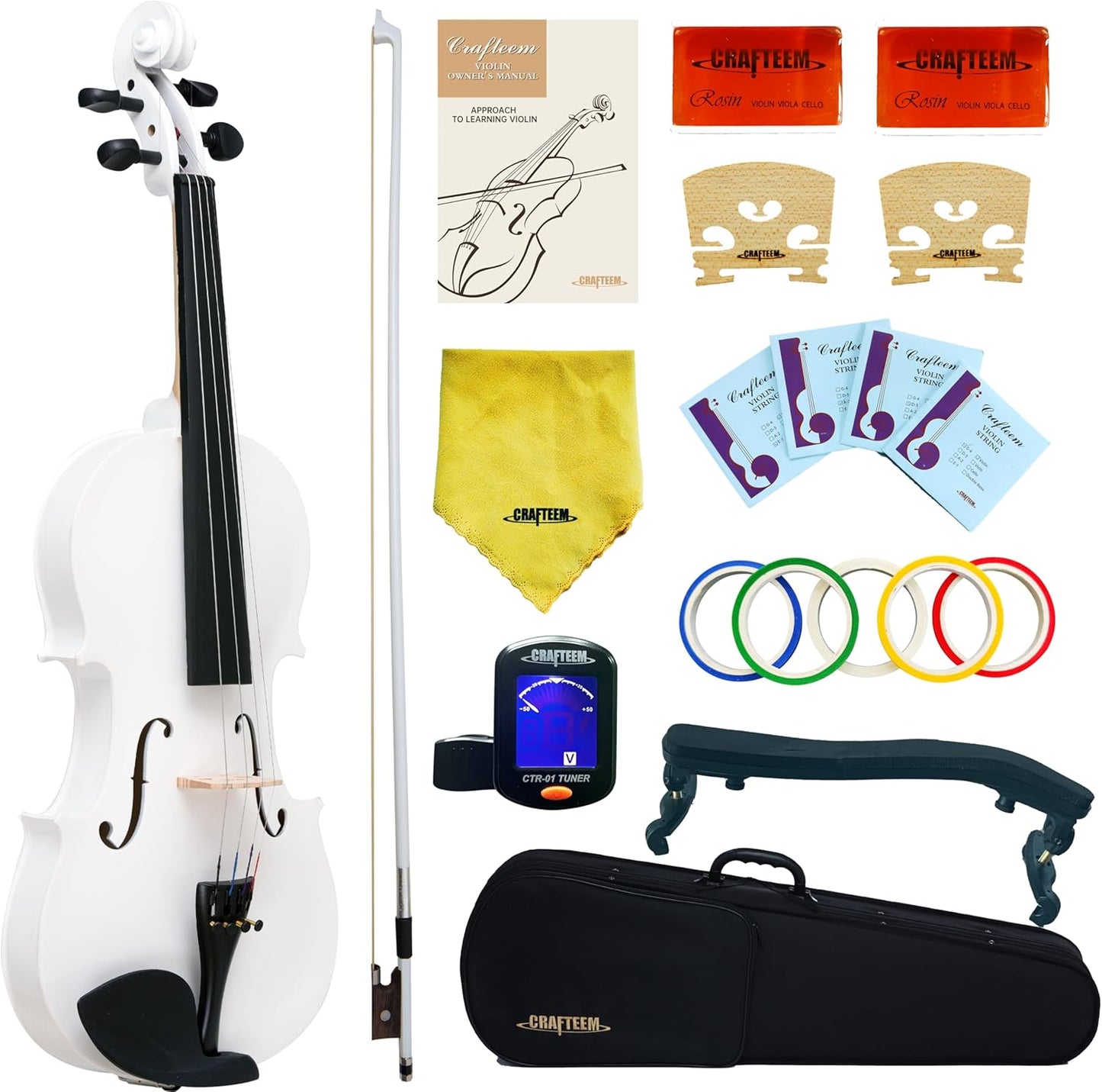 4/4 Full Size Fiddle White Colored Premium Violin Outfit for Beginners Adults Kids With 5 Color Fingering Tape- Handcrafted Student Beginner Violin. (White, 4/4 Full)