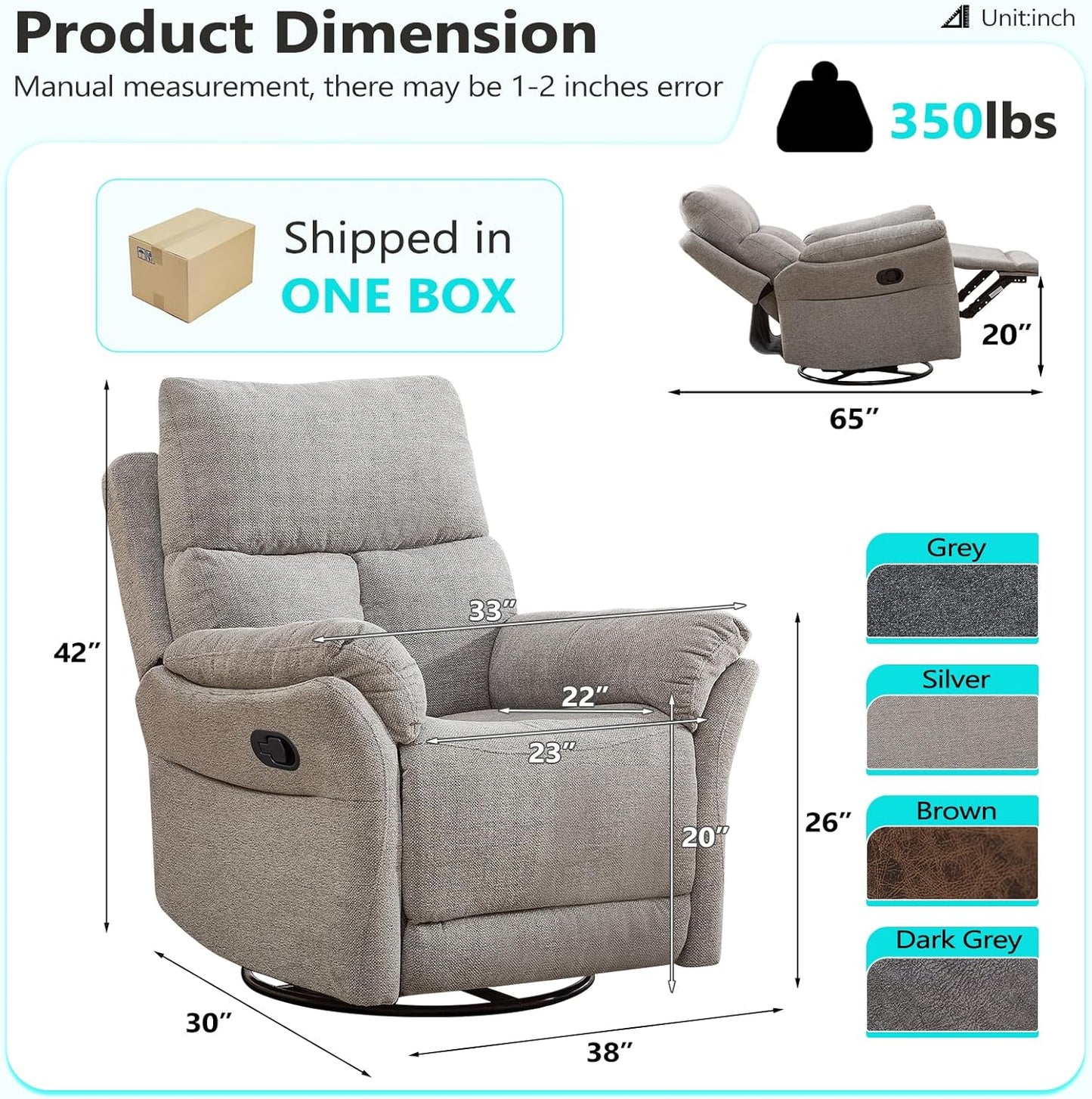 ANJ Manual Fabric Recliner Chairs, Set of 3, Swivel Rocker Glider, Silver