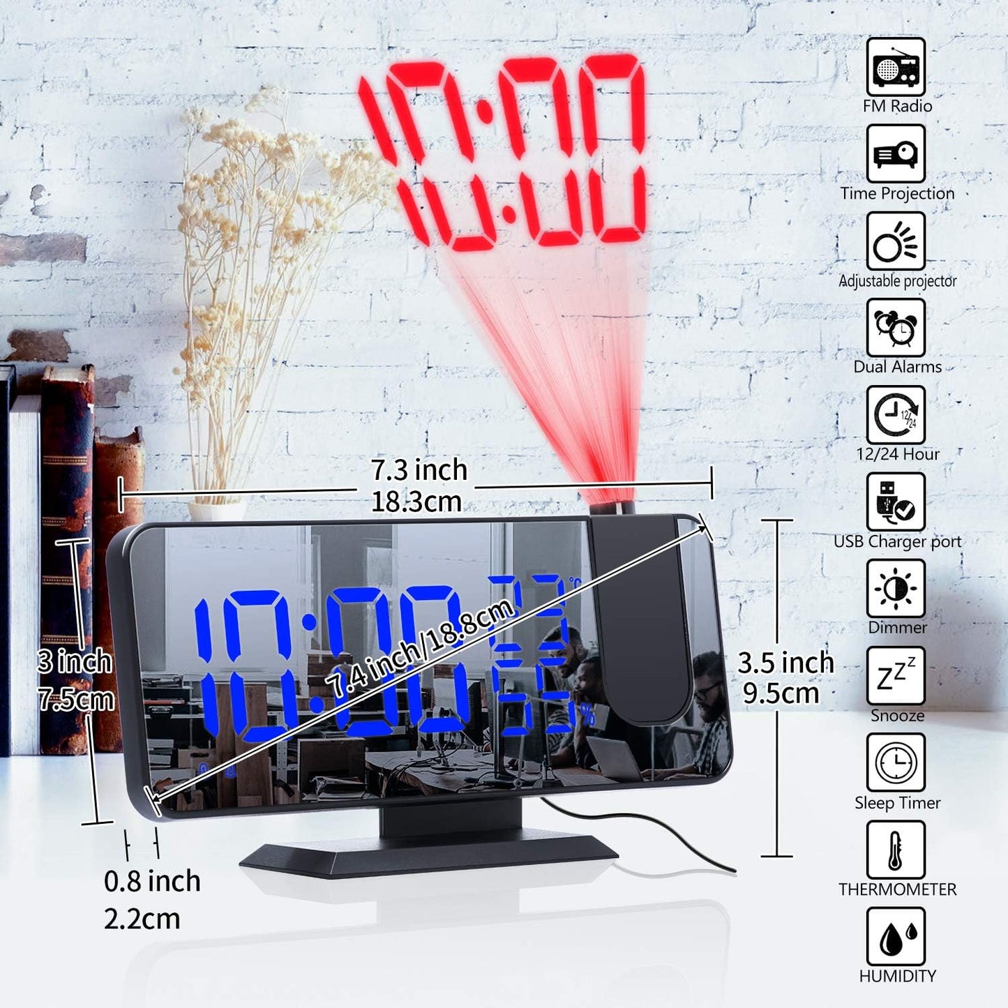 Projection Digital Alarm Clock for Bedrooms,Alarm Clock Radio on Ceiling, USB Charger Port, Temperature & Humidity Display, 7.3” Large Mirror LED Display,12/24H,Snooze,Dual Loud Clock- 4 Dimmer