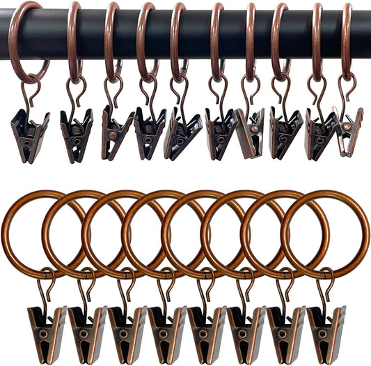 100 Pack Antique Copper Curtain Rings with Clips, Curtain Hooks Hangers Clip Rings for Hanging Drapes Bows Hat, Drapery Rings 1 in I D, Fits up to 5/8 in Diameter Curtain Rod.