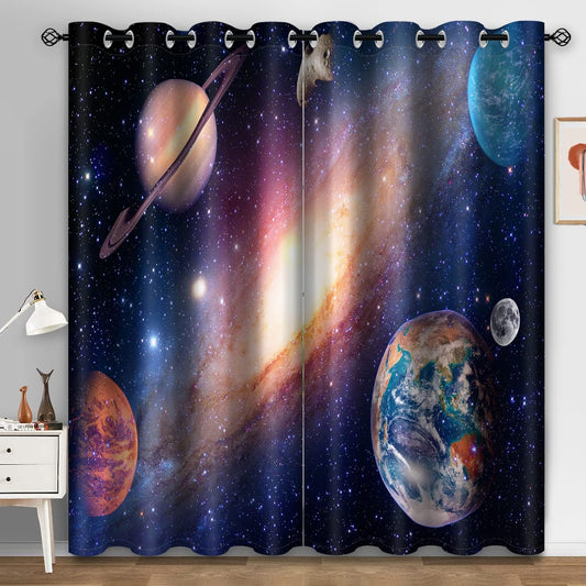 Aimego Galaxy Blackout Curtains for Boys Room - Room Darkening Curtains Outer Space Universe Nebula Starry Solar Planet Window Drapes Decor for Bedroom Living Room Grommet 2 Panel Set, 52"X63"