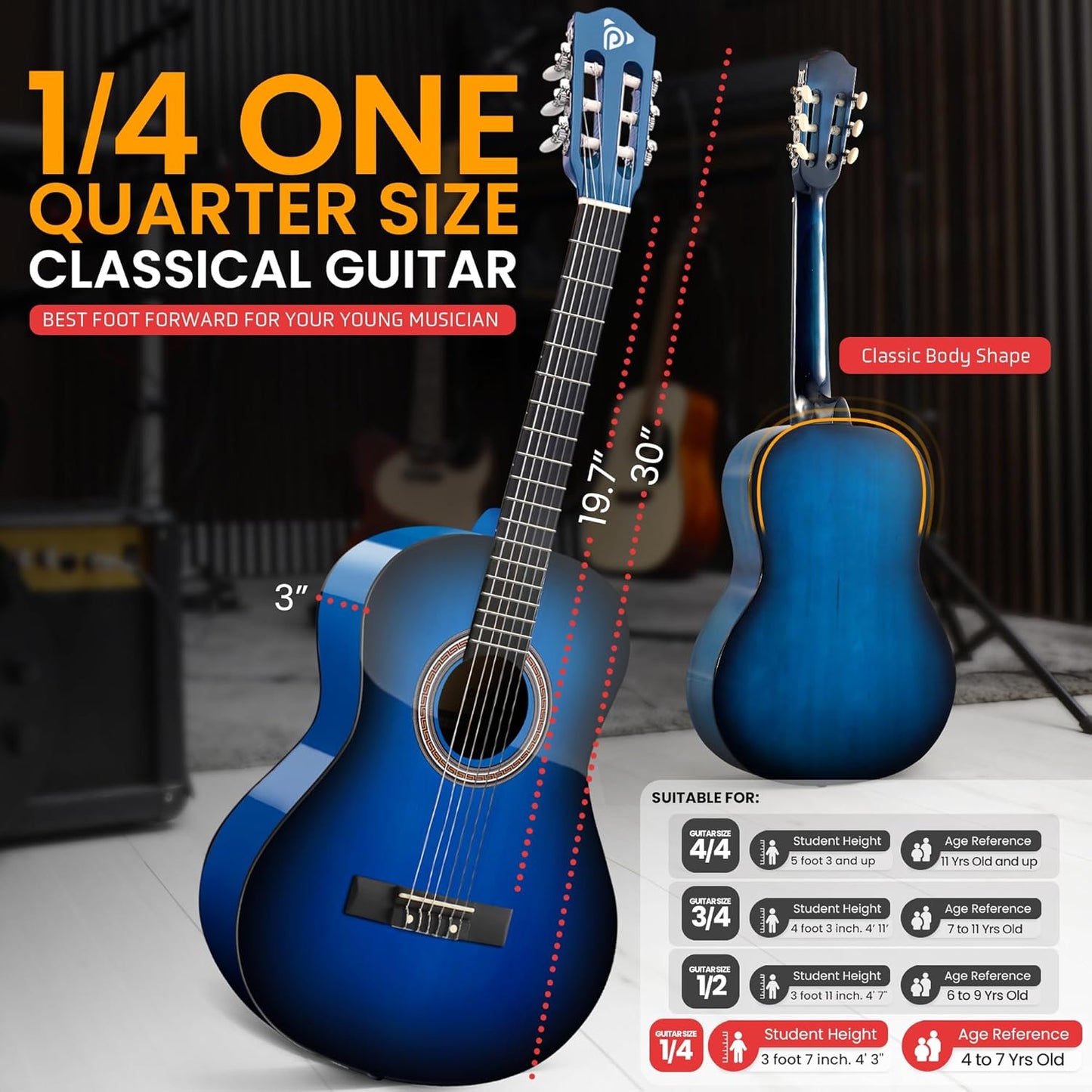 Pyle Beginner Acoustic Guitar Kit, 1/4 Junior Size All Wood Build Nylon Stringed Instrument with Capo, Strap, Extra String Set, Gig Bag, Guitars for Beginners Adults Youth, 30" Blue Burst Gloss