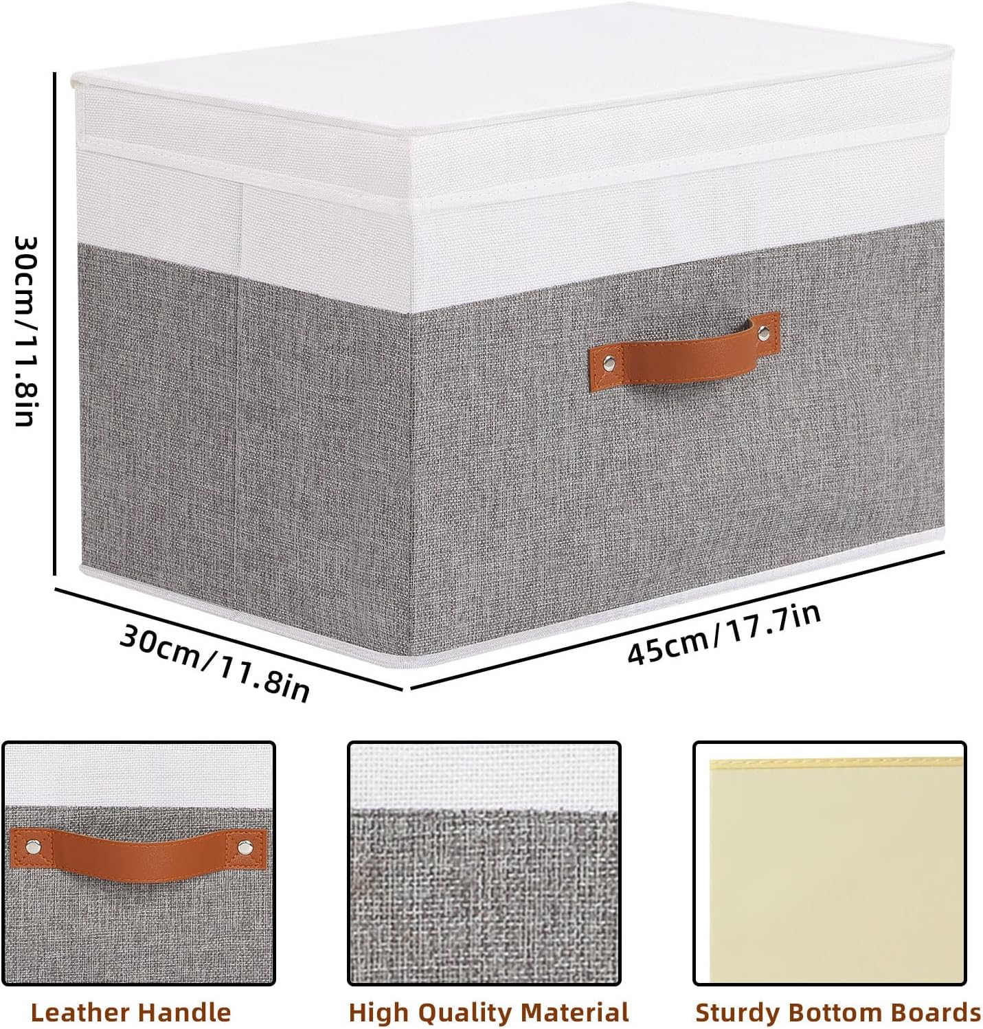 Fabric Storage Boxes with Lids, Linen Foldable Cloth Baskets, 17.7 x 11.8 x 11.8 Inch Closet Organizer Containers with Double Handles, Sweater Bins for Bedroom, White and Grey, 1 Pack
