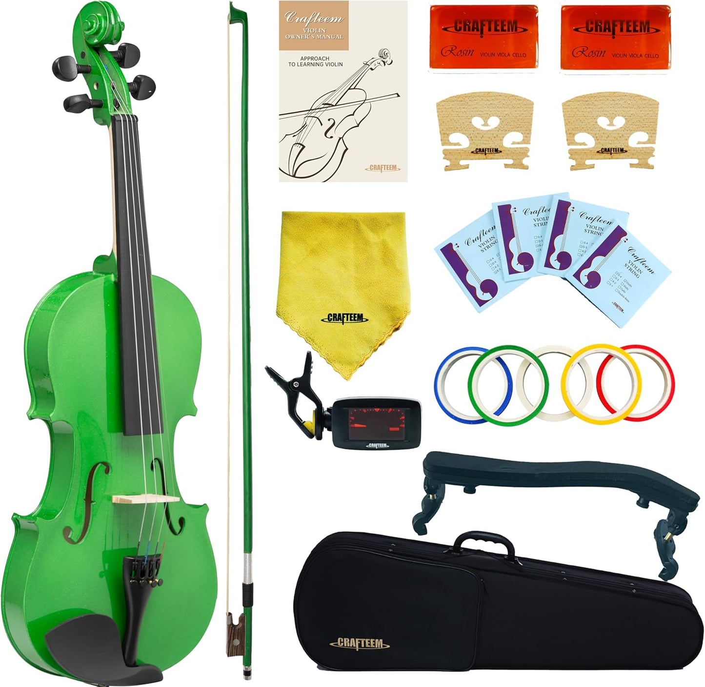1/4 Fiddle Green Colored Premium Violin Outfit for Beginners Adults Kids With 5 Color Fingering Tape- Handcrafted Student Beginner Violin