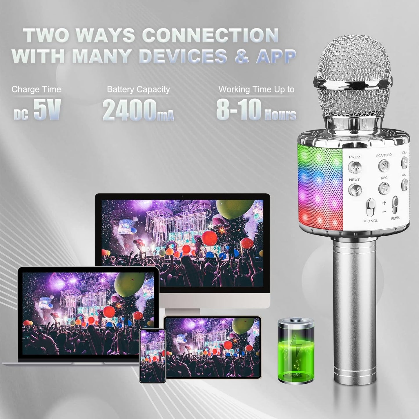 BlueFire 4 in 1 Karaoke Wireless Microphone with LED Lights, Portable Microphone for Kids, Great Gifts Toys for Kids, Girls, Boys and Adults (Silver)