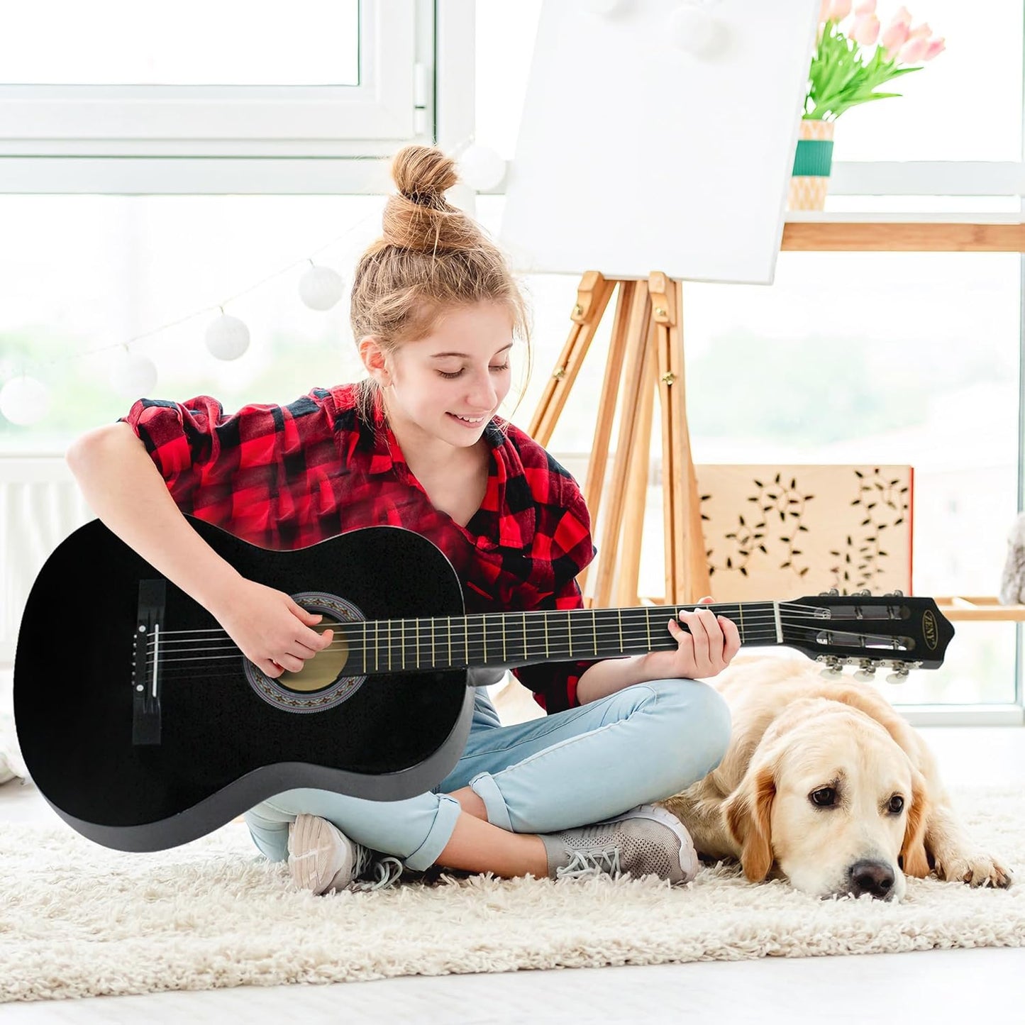 ZENY Beginners 38 inch Acoustic Guitar Package Kit for Right-handed Starters Music Lovers w/ Case, Strap, Pitch Pipe and Pick (Black)