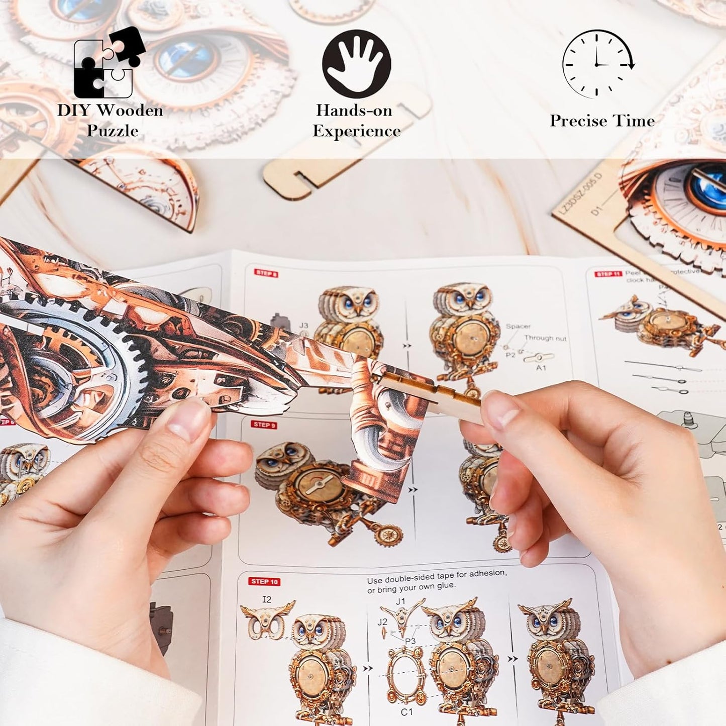 3D Puzzles for Adults Clock-Mechanical Owl Design Model Kit-Mechanical DIY Pendulum Clock with Roman Numerals-Desk Home Office Decor Personalized Gift for DIY Lovers