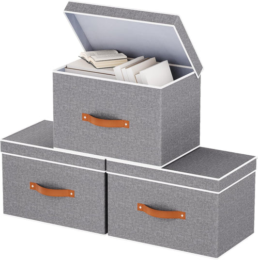 Fabric Storage Bins with Lids, Linen Foldable Clothes Boxes, Closet Organizer Containers with Double Handles, Baskets for Bedroom, Grey, 3 Pack, 13 x 9.1 x 7.9 Inch