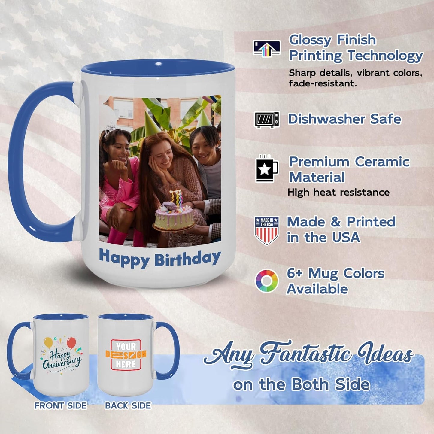 Custom Mug Upload Your Picture Personalized Coffee Mug with Photo Text Name Customized Cup Unique Ideas Gifts for Men Women Mom Dad Girlfriend Boyfriend Friend Family (Blue, 15oz)