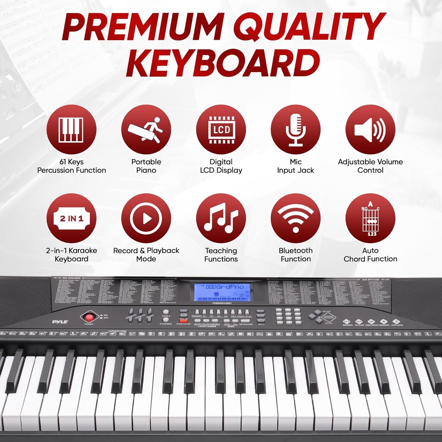 PYLE Electric Piano, Electric Keyboard Piano, Music Keyboard, 61 Keys, Bluetooth, LCD Display, Portable Design, Karaoke Function, Includes Stand, Stool, Book Rack, Headset, Perfect for Beginners