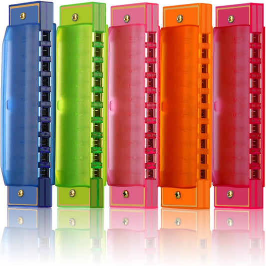 Harmonica for Kids 10 Hole Translucent Harmonica, 5 Pack Educational Toys Beginner's Musical Instruments for Children's Party Holidays (Blue, Red, Green, Orange, Pink)