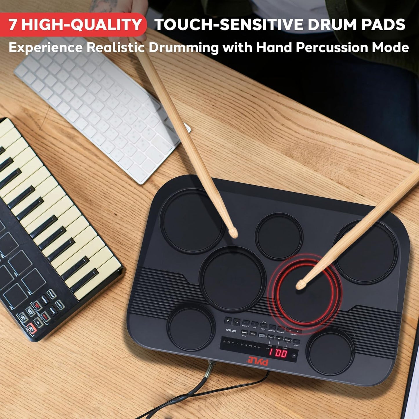 PylePro Pyle Electronic Tabletop Digital Set, Compact Portable Kit w/ 7 Touch Sensitive Pads and Pedals, 273 Sounds, USB & Headphone Outputs, MIDI/AUX Inputs, 4x5” Drums & 3x3.5” Cymbals (PTED03)
