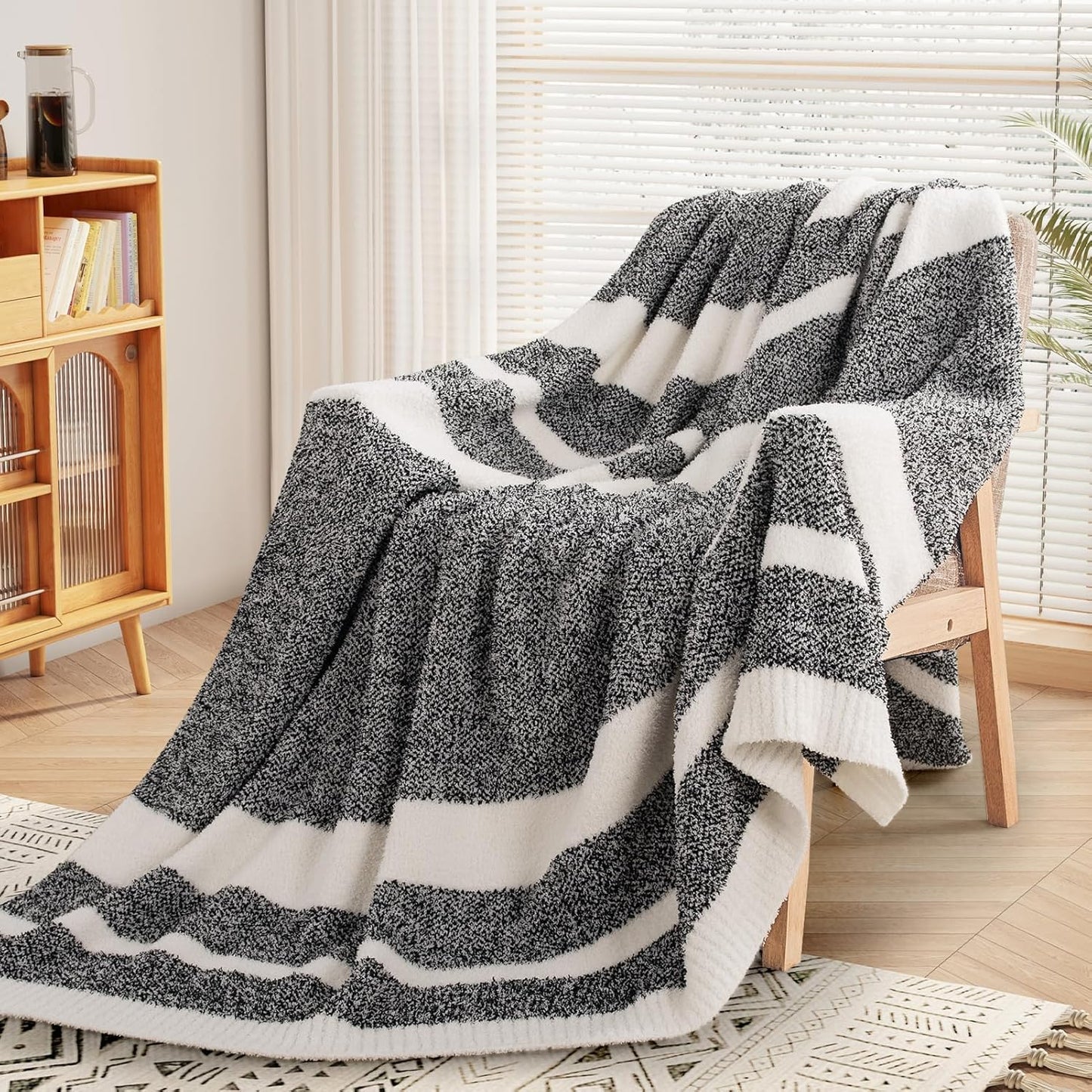 NEXHOME PRO Stripe Throw Blanket, Knit Blanket for Couch Bed Sofa Picnic, Ultra Soft Fuzzy Blankets, Luxury Striped Blanket for Women, Pet, Gifts, Black, 50 x 60 inches