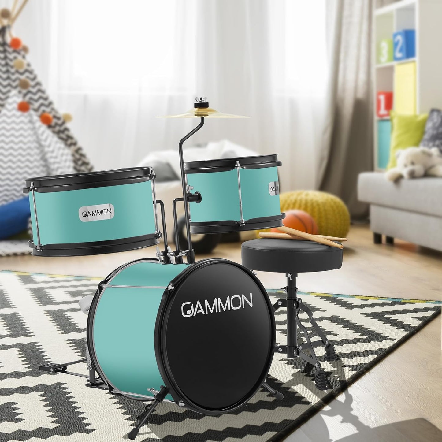 Gammon 3-Piece Junior Drum Set with Throne - Teal, Complete Beginner Kit with Bass Drum, Toms, Cymbal, Pedal, and Drumsticks