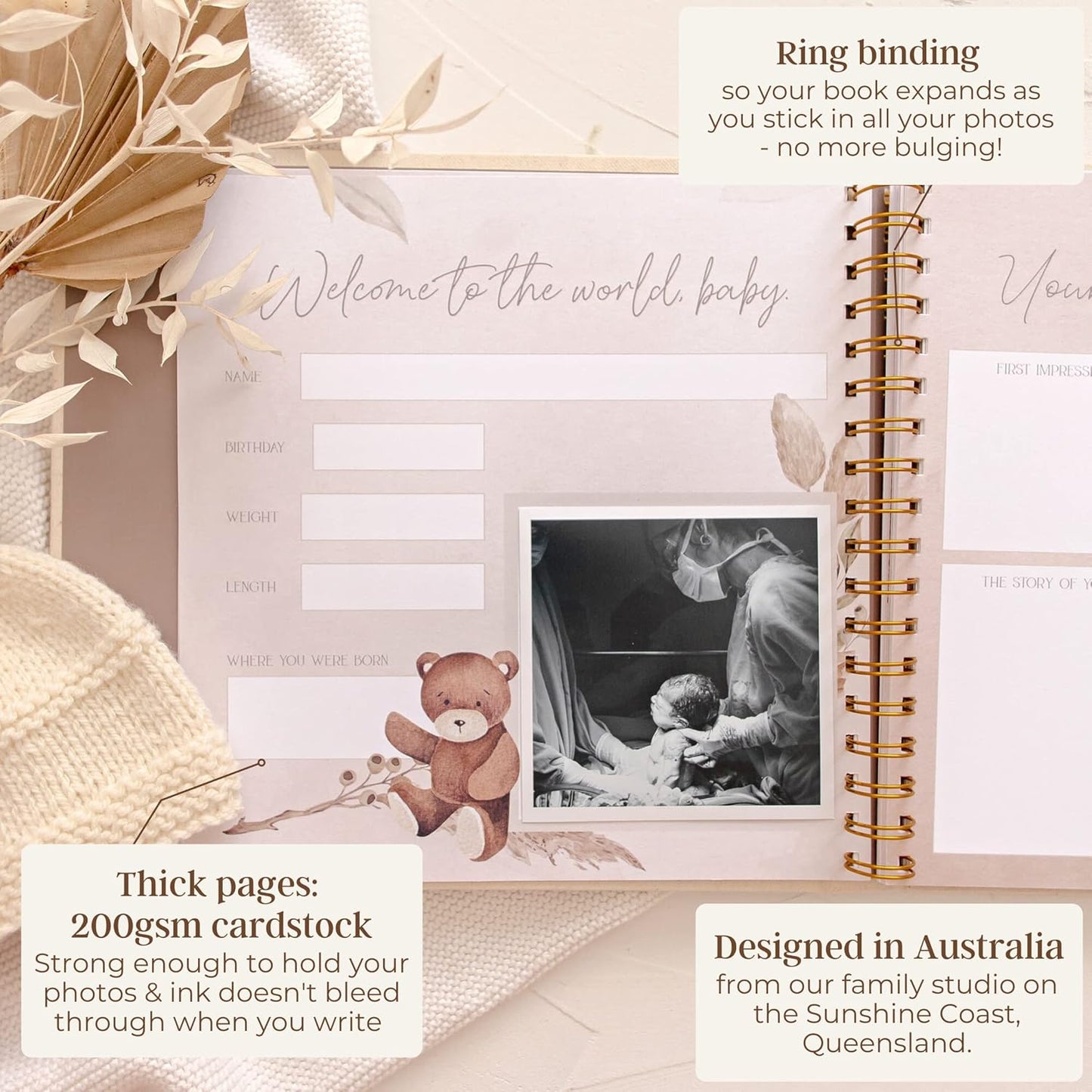 Peachly Unisex Baby Memory Book, Minimalist Baby First Year Keepsake for Milestones, Simple Baby Scrapbook for Boy Girl Milestones, Natural Linen (Haven)