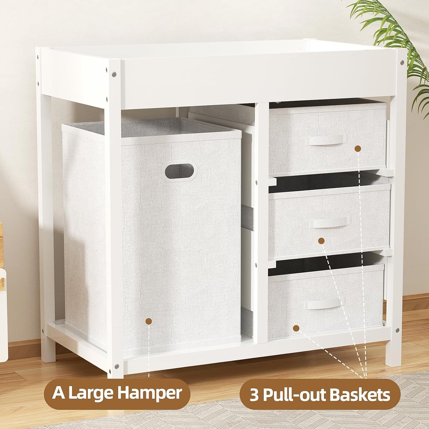 YUFU Baby Changing Table, Diaper Changing Table with Laundry Hamper, 3 Storage Drawers and Pad, Wooden Infant Diaper Changing Station, White