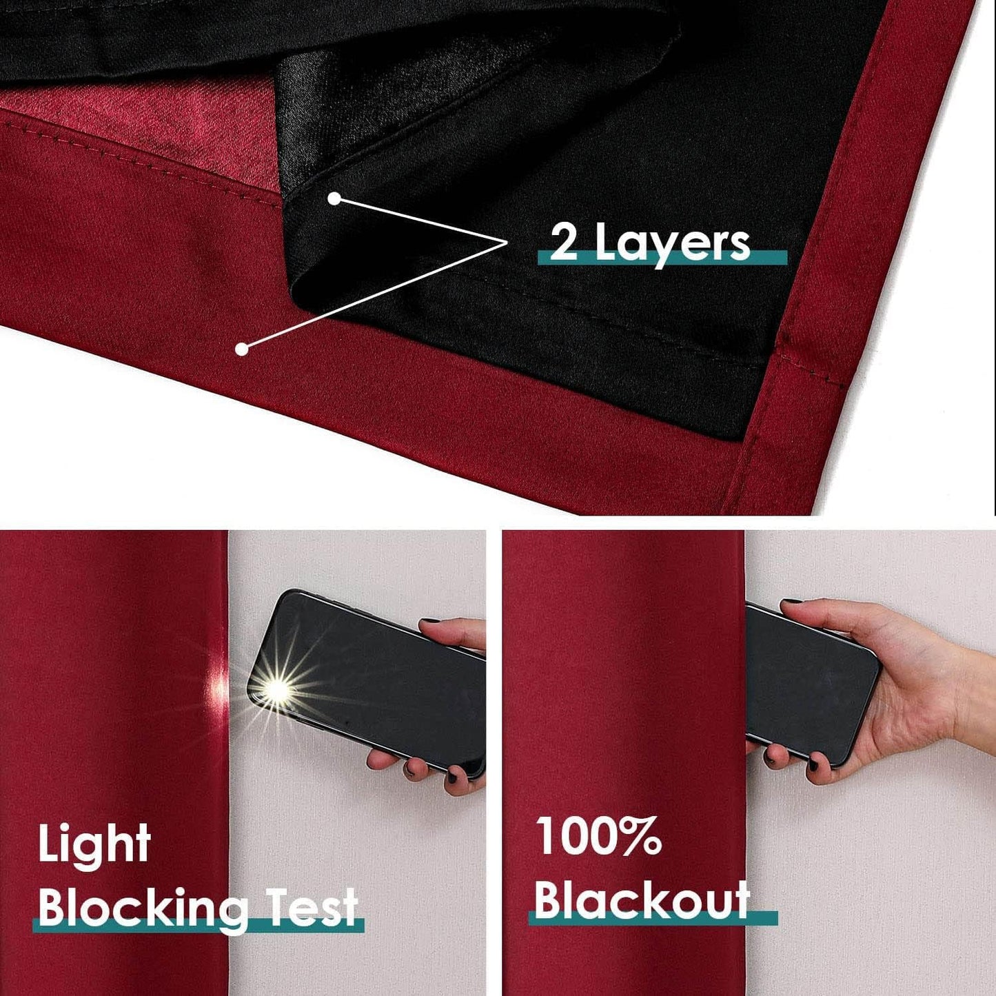 ChrisDowa 100% Blackout Curtains 72 inch Long for Bedroom with Black Liner, 2 Thick Layers Total Blackout Thermal Insulated Grommet Window Curtains 2 Panels Set (Burgundy, 42 x 72 Inch)