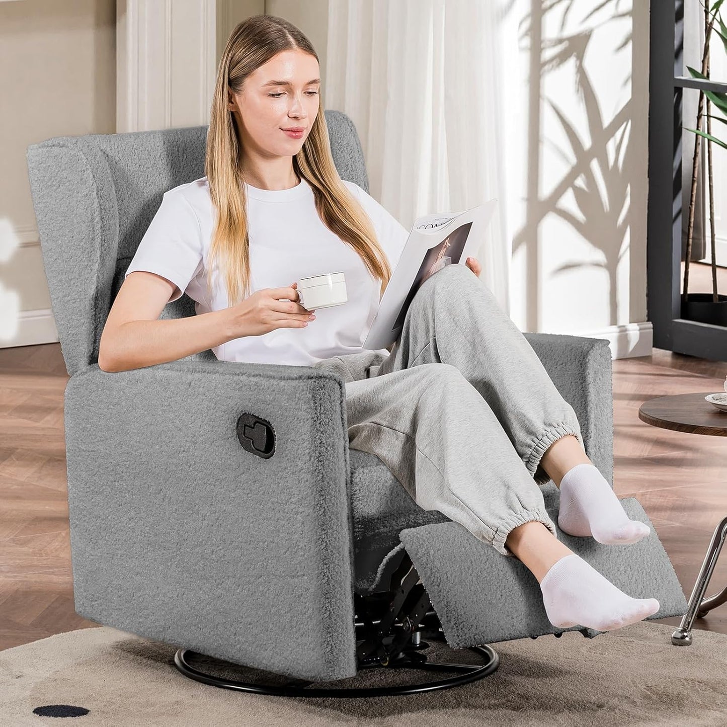 COMHOMA Nursery Rocking Chair Teddy Upholstered Swivel Rocker Recliner Manual Glider Reclining Chair for Living Room Bedroom Offices (Grey, 1 PCS)