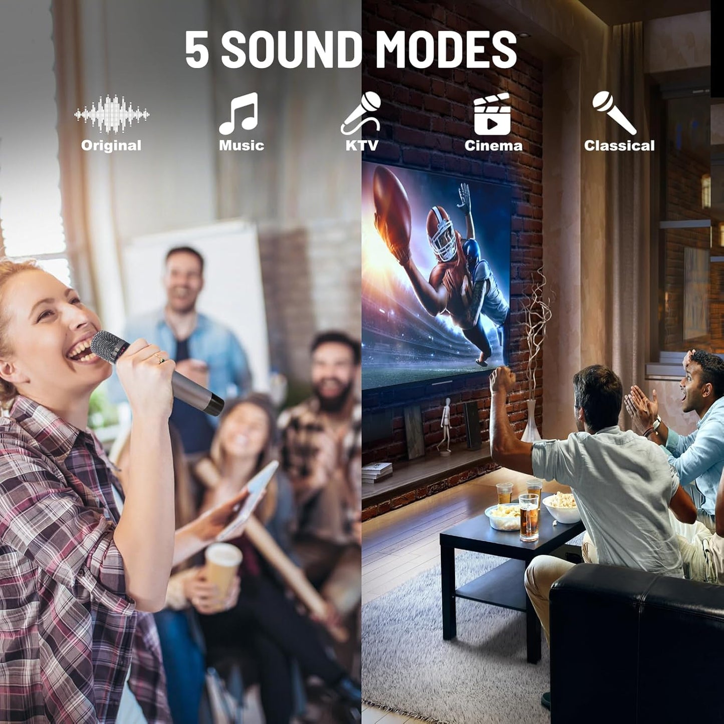 RHM K222 Karaoke Machine with 2 UHF Wireless Microphones & 5 Music Modes, Support Optical/Bluetooth/AUX/USB/PC, Wooden Home Karaoke Singing Machine for TV, Home, Karaoke, Singing Party, Christmas