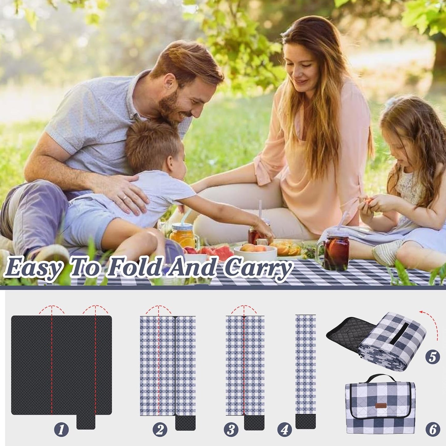Extra Large Picnic Blanket 80''x 60'' Picnic Mat Waterproof Sand Proof Foldable for Beach, 5-Layer Outdoor Blanket for 6 to 8 Adults,Camping Lawn Hiking Travel Park Music Festival Wedding Mats(Gray)