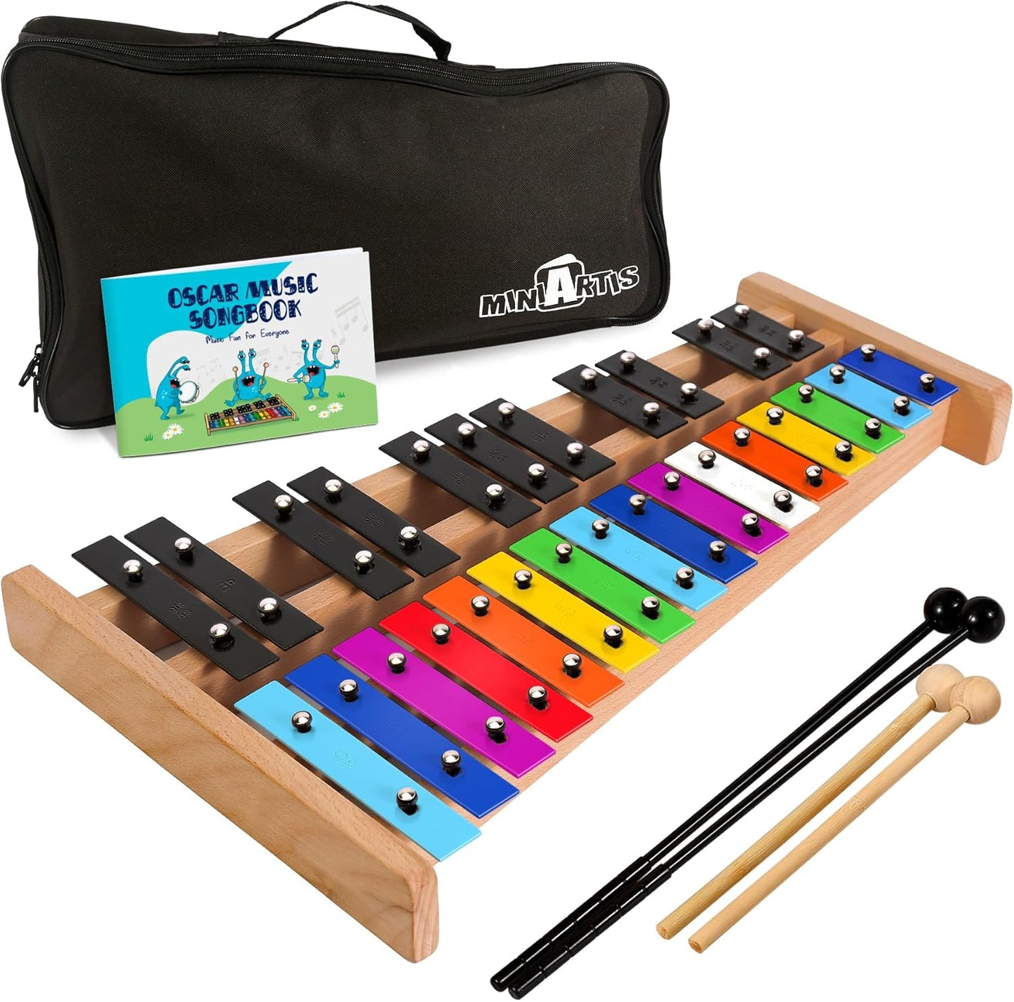MINIARTIS Glockenspiel Xylophone | Full Size Glockenspiel Xylophone 27 Note Colorful Metal Keys for Adults & Kids | Percussion Musical Instrument Includes 2 Wooden Beaters, Songbook and Carry Case