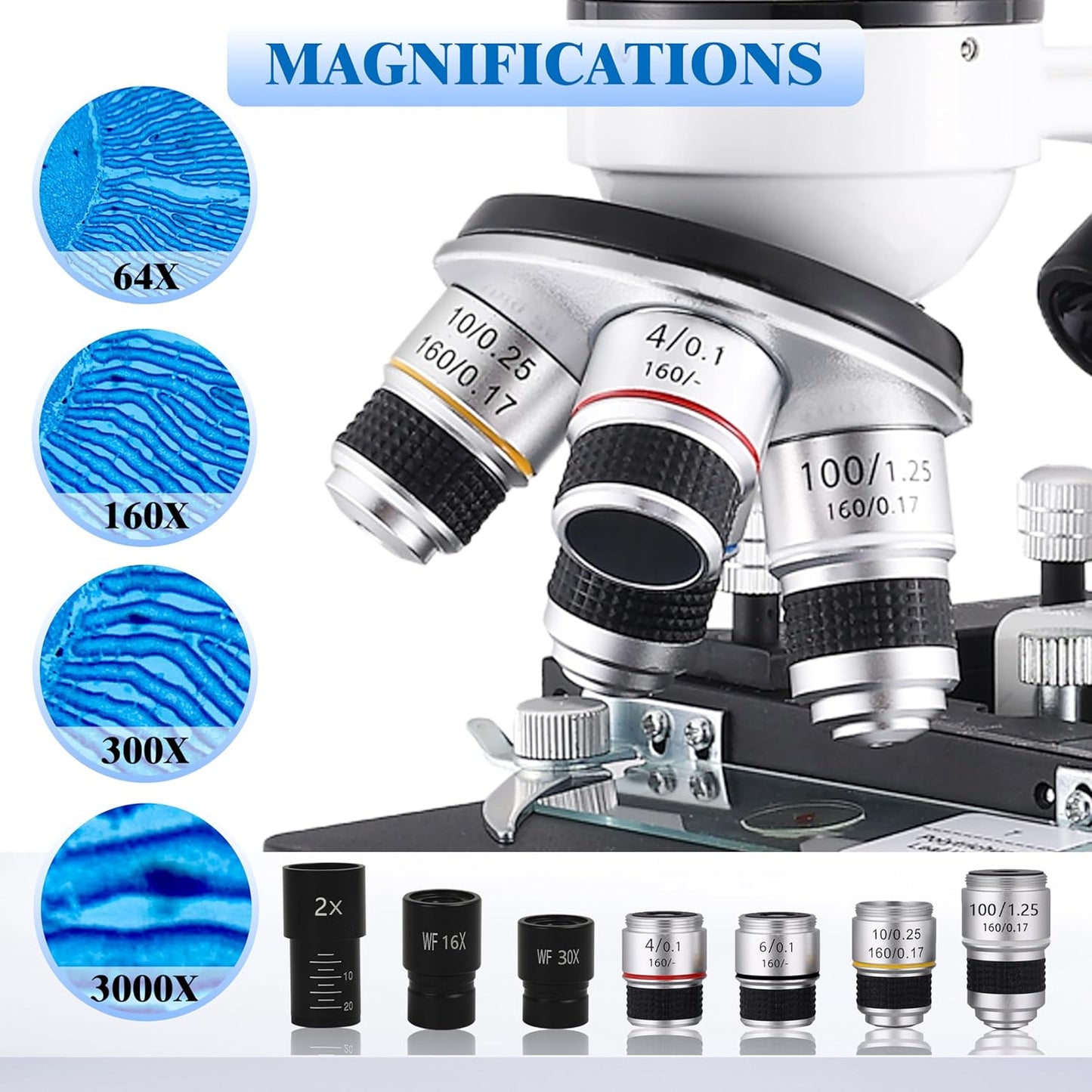 Compound Binocular Microscopes 64X-6000X with Electric Len, Microscope for Adults Kids Students, 4 Objective Lens, Biological Microscope Kit for School, Lab