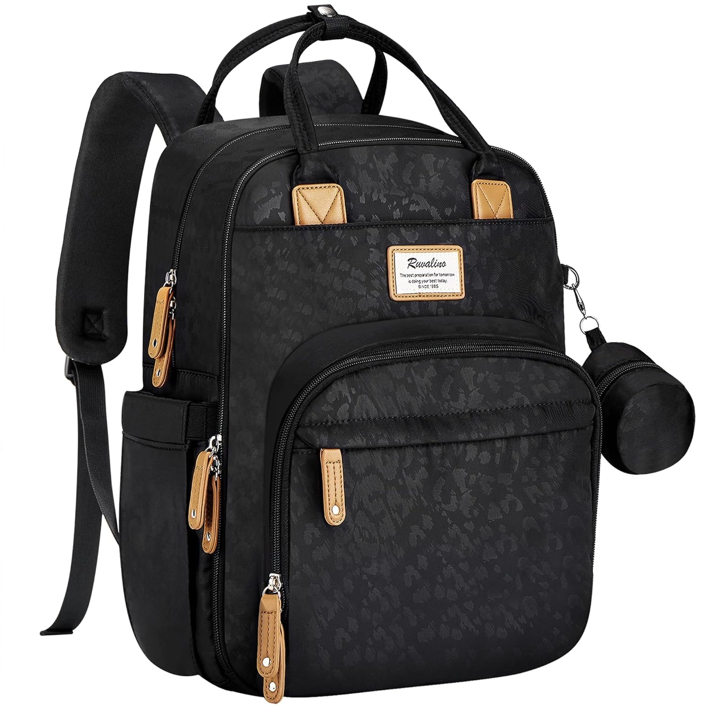 RUVALINO Diaper Bag Backpack-Multifunction Baby Travel Bag with Changing pad, Insulated Bottle Holders & Pacifier Case, Large Capacity, Waterproof, Black Leopard
