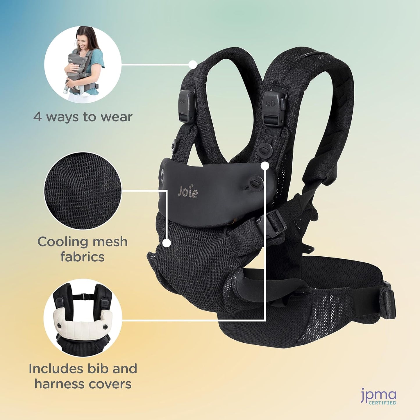 Joie Savvy Air 4-in-1 Mesh Baby Carrier – Breathable, Ergonomic Baby Carrier with 4 Carry Positions, Cooling Mesh Fabric, Padded Straps, and Lumbar Support (Cinder)