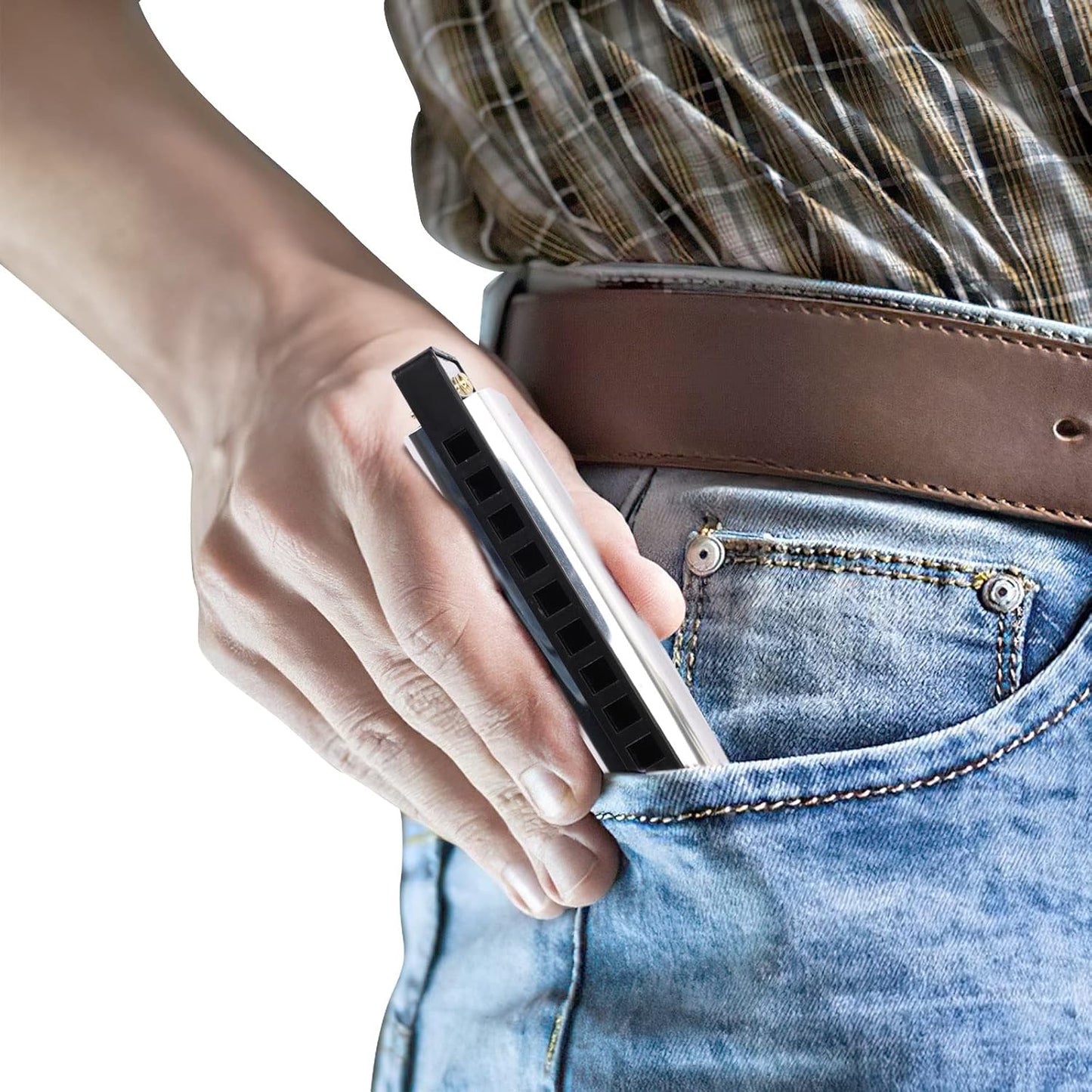 UPINS Harmonica, 4PCS Key of C Blues 10 Hole 20 Tones Titanium Color Harmonica with Case Cleaning Cloth for Beginner (Black, Silvery)