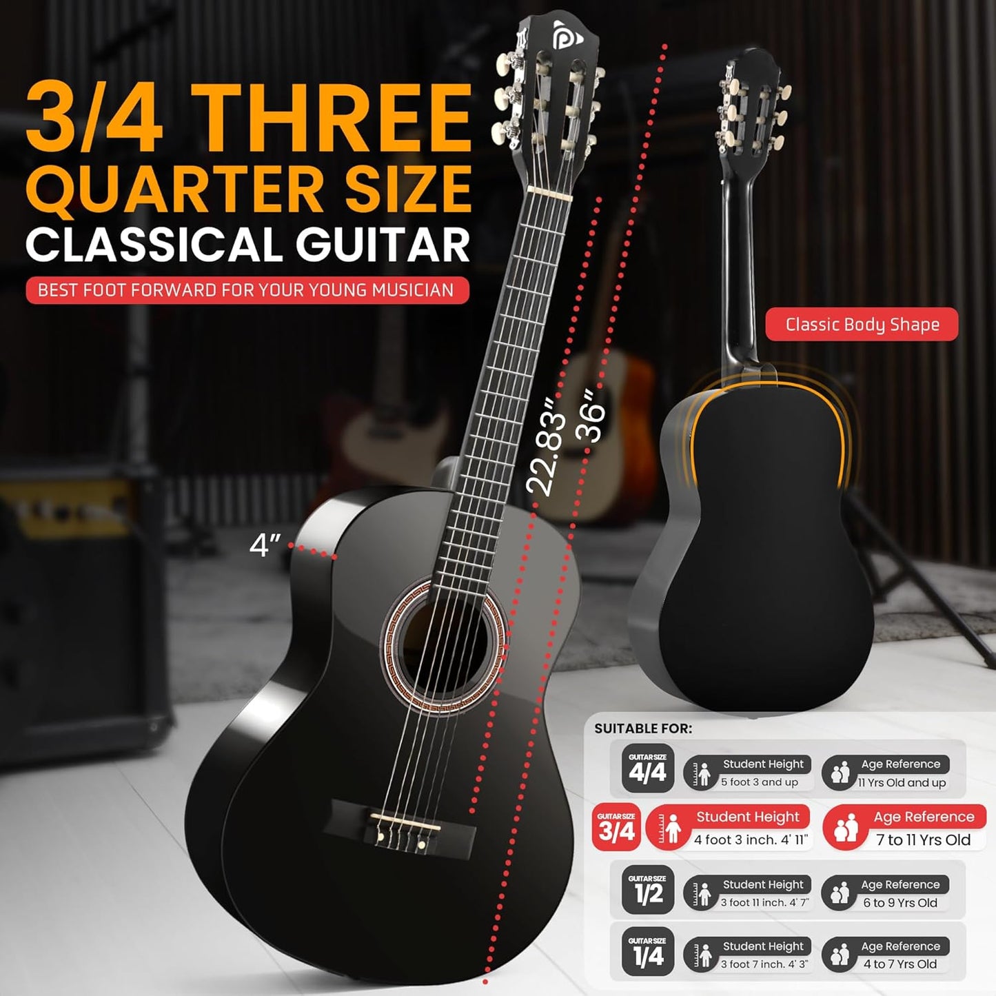 Pyle 6 String Acoustic Guitar, Right, 3 Black, Gloss, 36" (PGACLS82BK.X9)