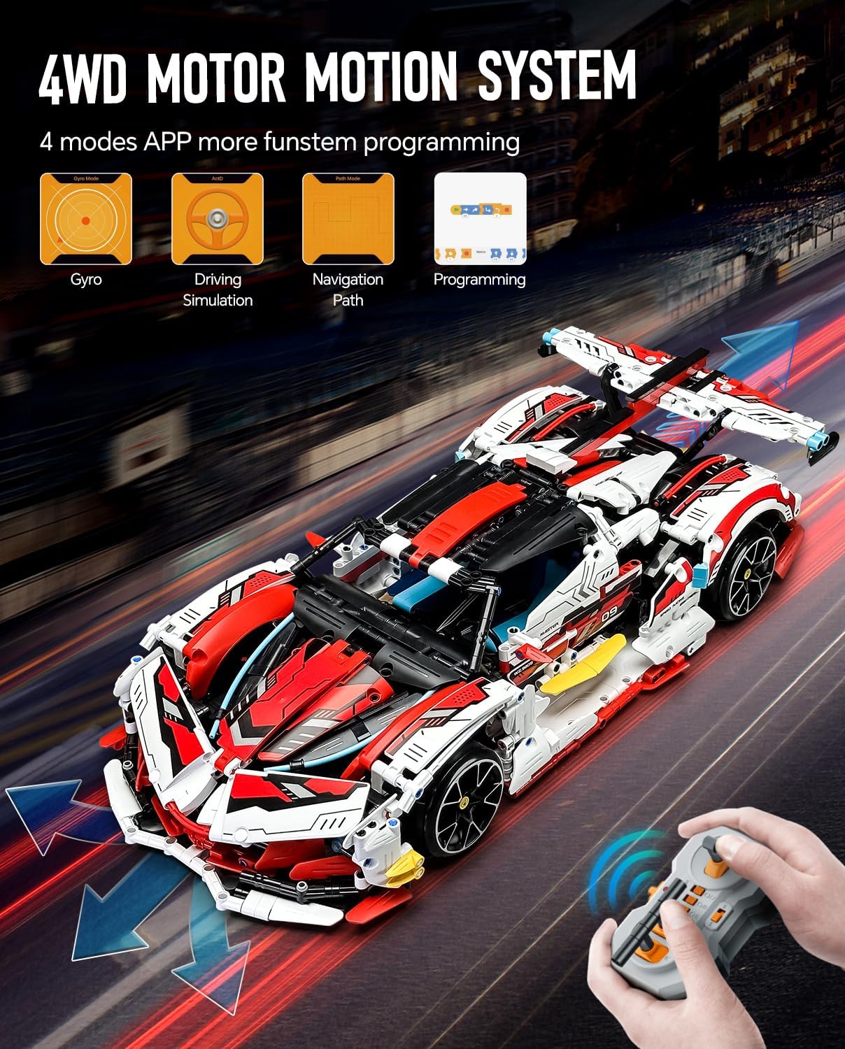 1:10 Race Car MOC Building Kit and Engineering Toy, Adult Collectible Sports Car Technology Car Building Kit, Remote Control Scale Sports Car Model for Adults Men Teens(2277 Pcs)