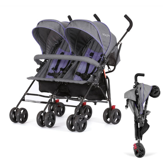 Dream On Me Volgo Twin Umbrella Stroller in Purple, Lightweight Double Stroller for Infant & Toddler, Compact Easy Fold, Large Storage Basket, Large and Adjustable Canopy