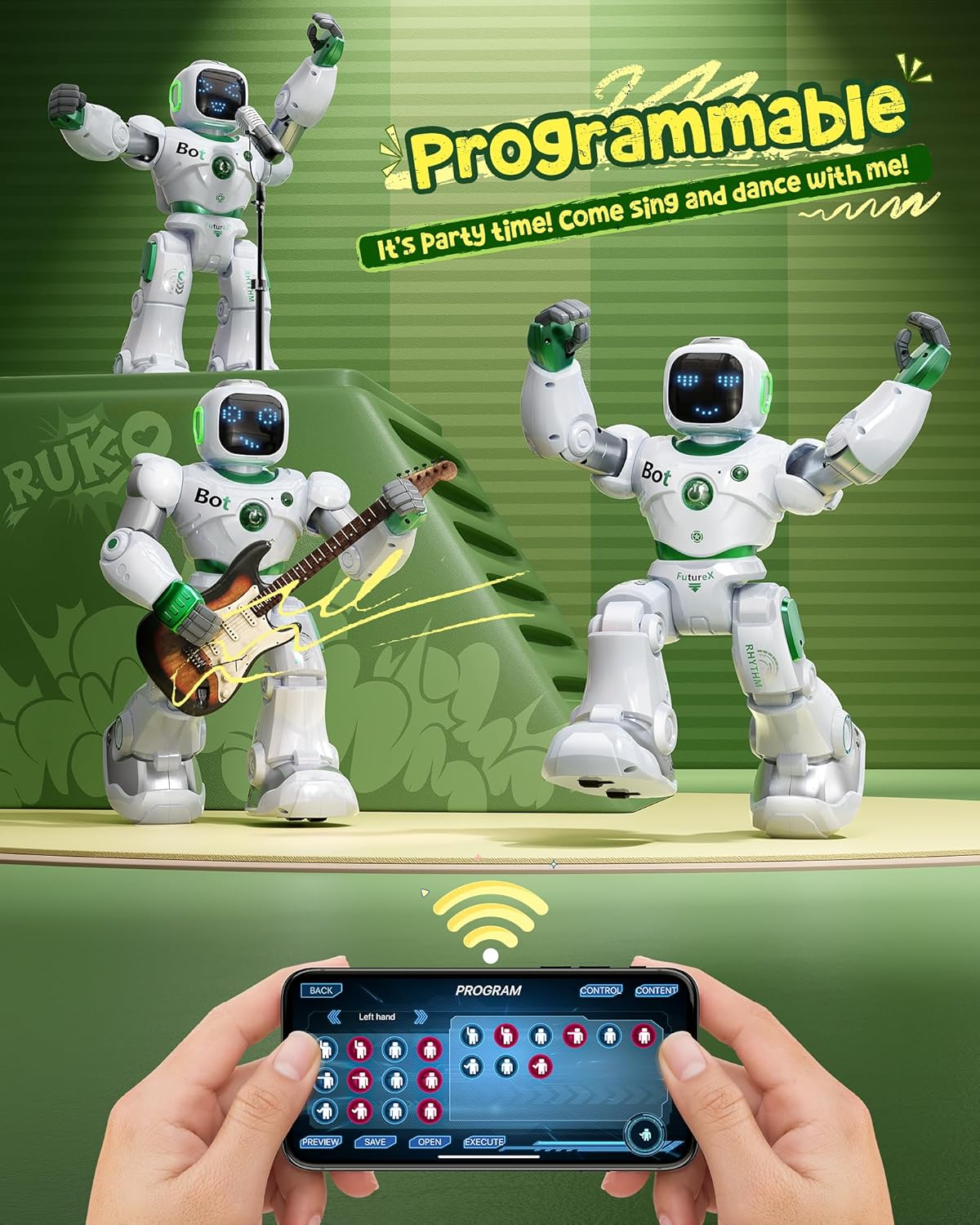 Ruko 1088 Large Robot Toys for Boys, STEM Programmable Remote Control Robot, Electronics Educational Birthday for Kids 4 5 6 7 8 Year Old, Green