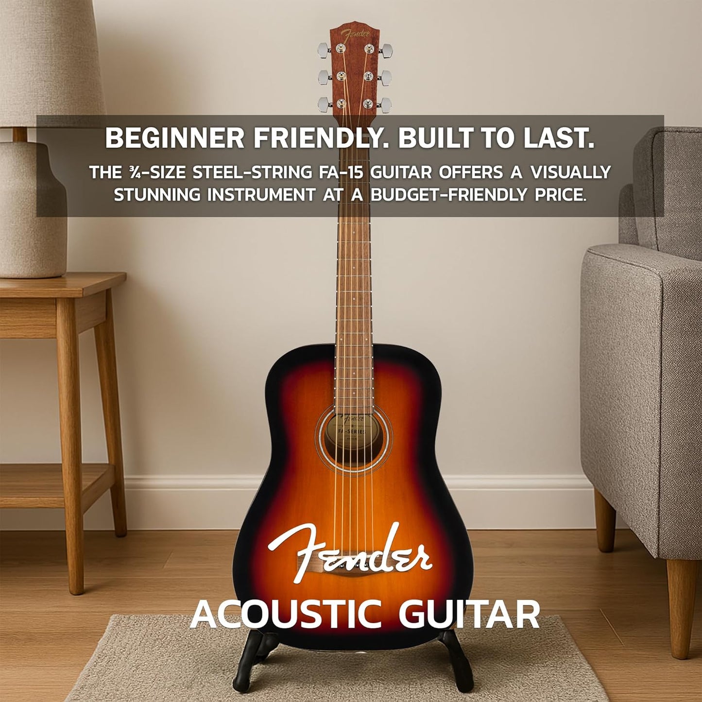 Fender FA-15 3/4-Scale Kids Steel String Acoustic Guitar - Sunburst Learn-to-Play Bundle with Gig Bag, Tuner, Strap, Picks, Fender Play Online Lessons, and Austin Bazaar Instructional DVD