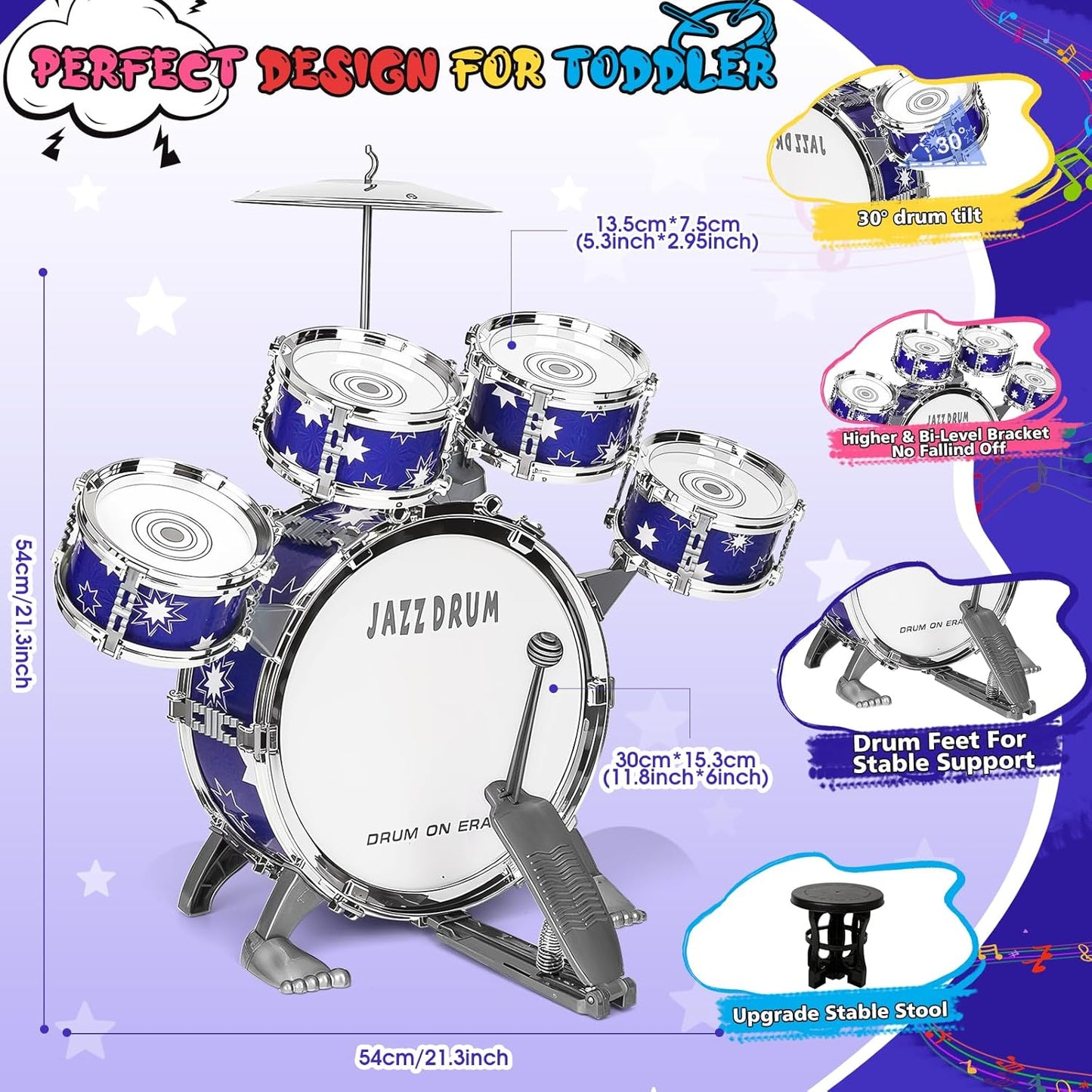 Upgraded Drum Set for Kids 3-5 Toddler Toy Ages 2-4 Jazz Drums Kit with Stool Musical Instrument Toys for 3 4 5 Year Old Girls Boys Gifts
