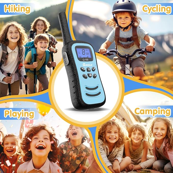 QNIGLO Kids Walkie Talkie, VOX Rechargeable Kids Walkie Talkie, 3KM Working Distance, 48H Standby, 8 Channels, Flashlight Function, Gift for 3-12 Year Old Girls & Boys (2-Pack)